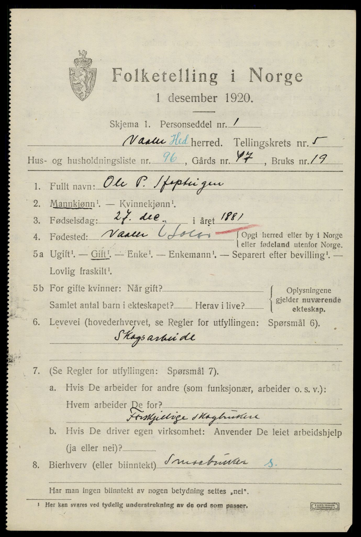 SAH, 1920 census for Våler (Hedmark), 1920, p. 6607