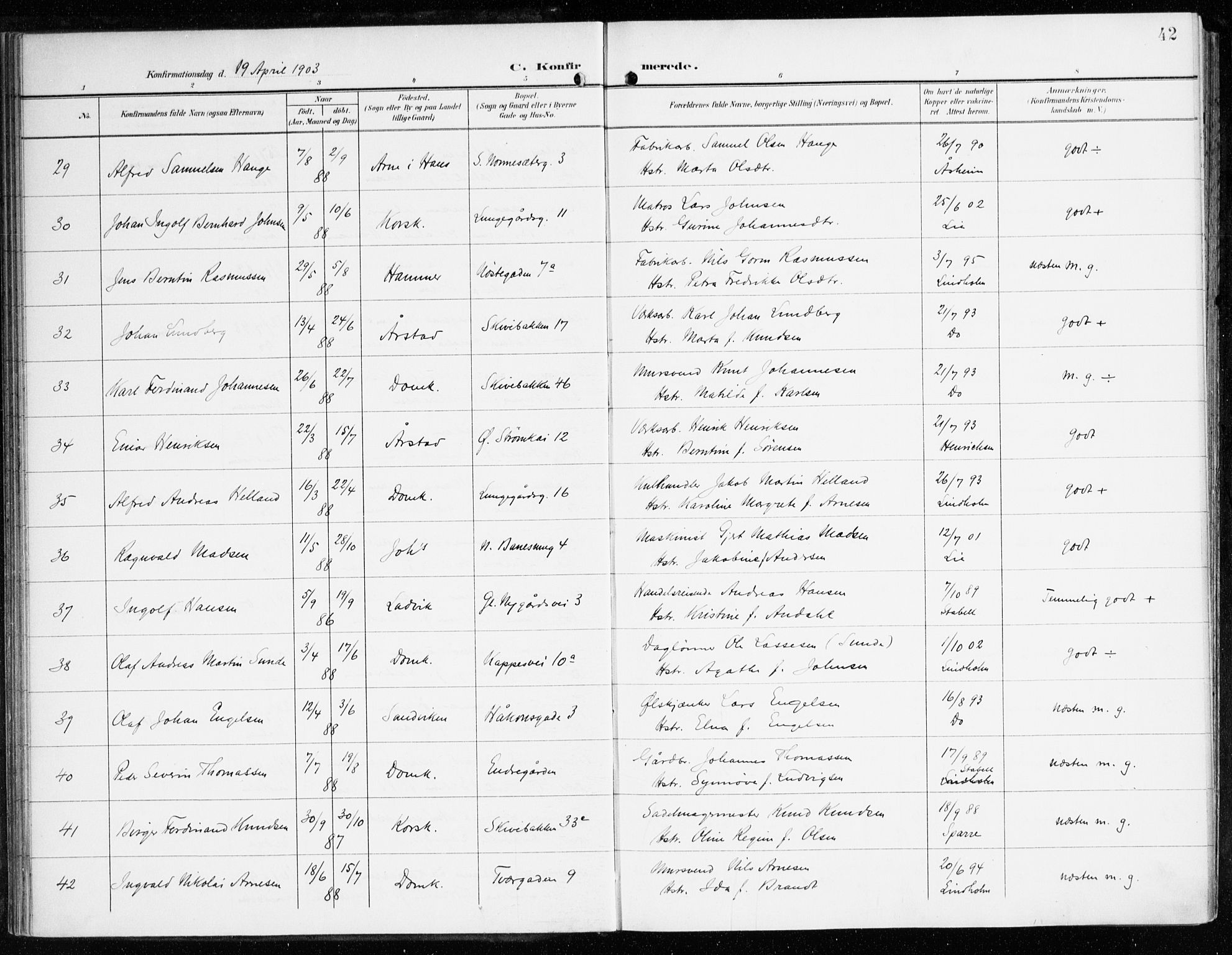 Domkirken sokneprestembete, SAB/A-74801/H/Haa/L0031: Parish register (official) no. C 6, 1898-1915, p. 42