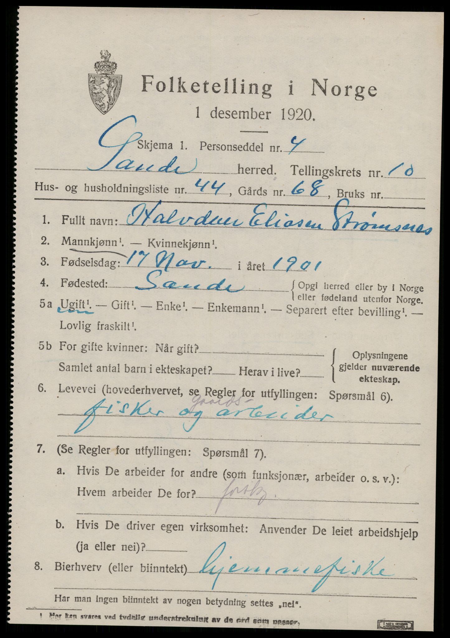 SAT, 1920 census for Sande (MR), 1920, p. 5724