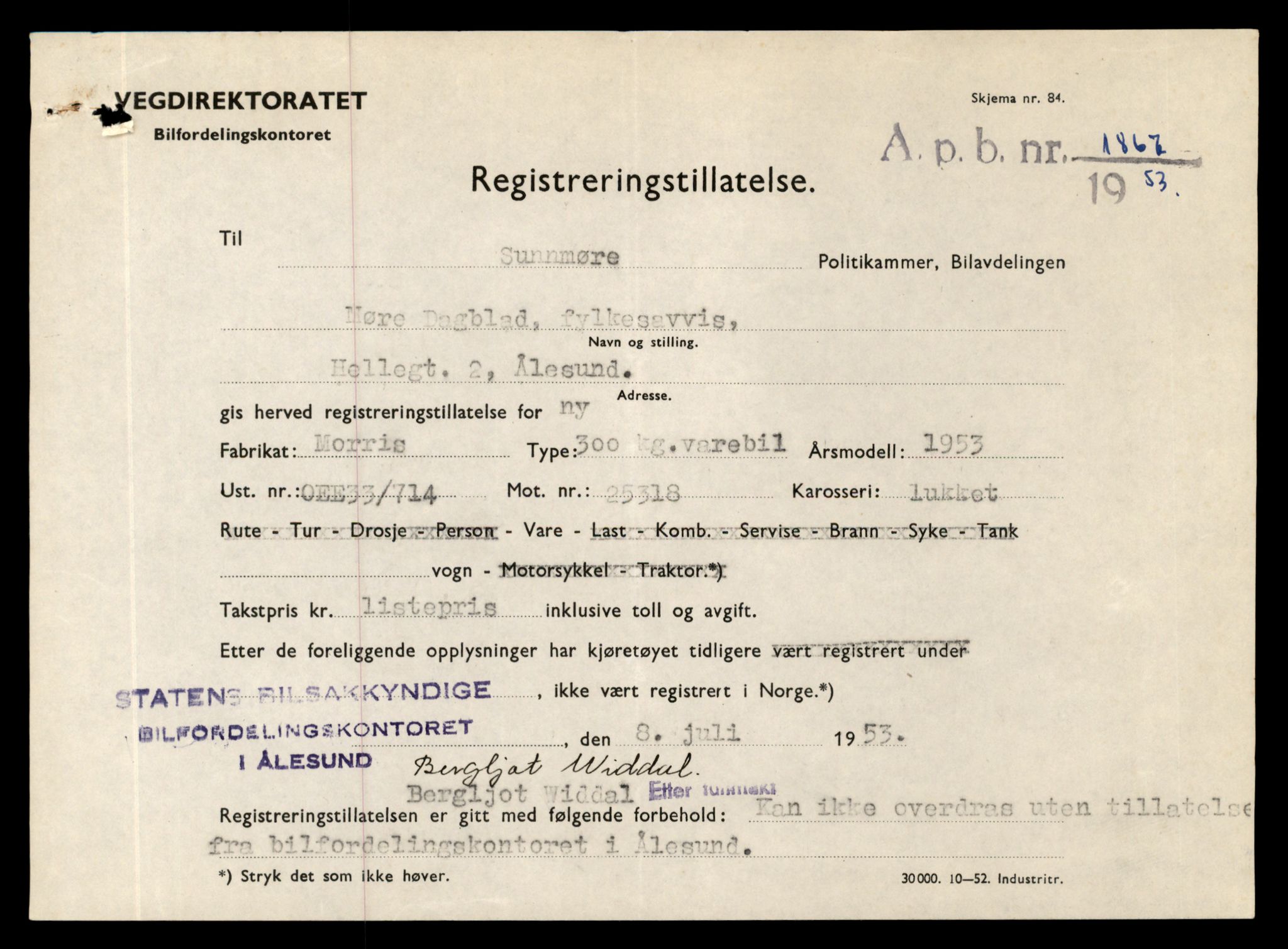 Møre og Romsdal vegkontor - Ålesund trafikkstasjon, SAT/A-4099/F/Fe/L0012: Registreringskort for kjøretøy T 1290 - T 1450, 1927-1998, p. 1408