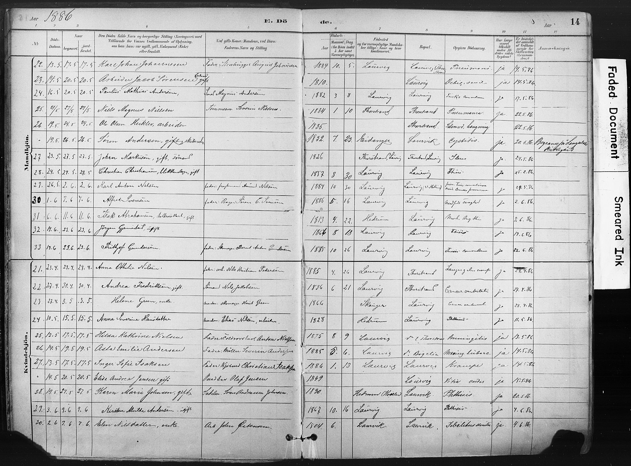 Larvik kirkebøker, AV/SAKO-A-352/F/Fa/L0010: Parish register (official) no. I 10, 1884-1910, p. 14