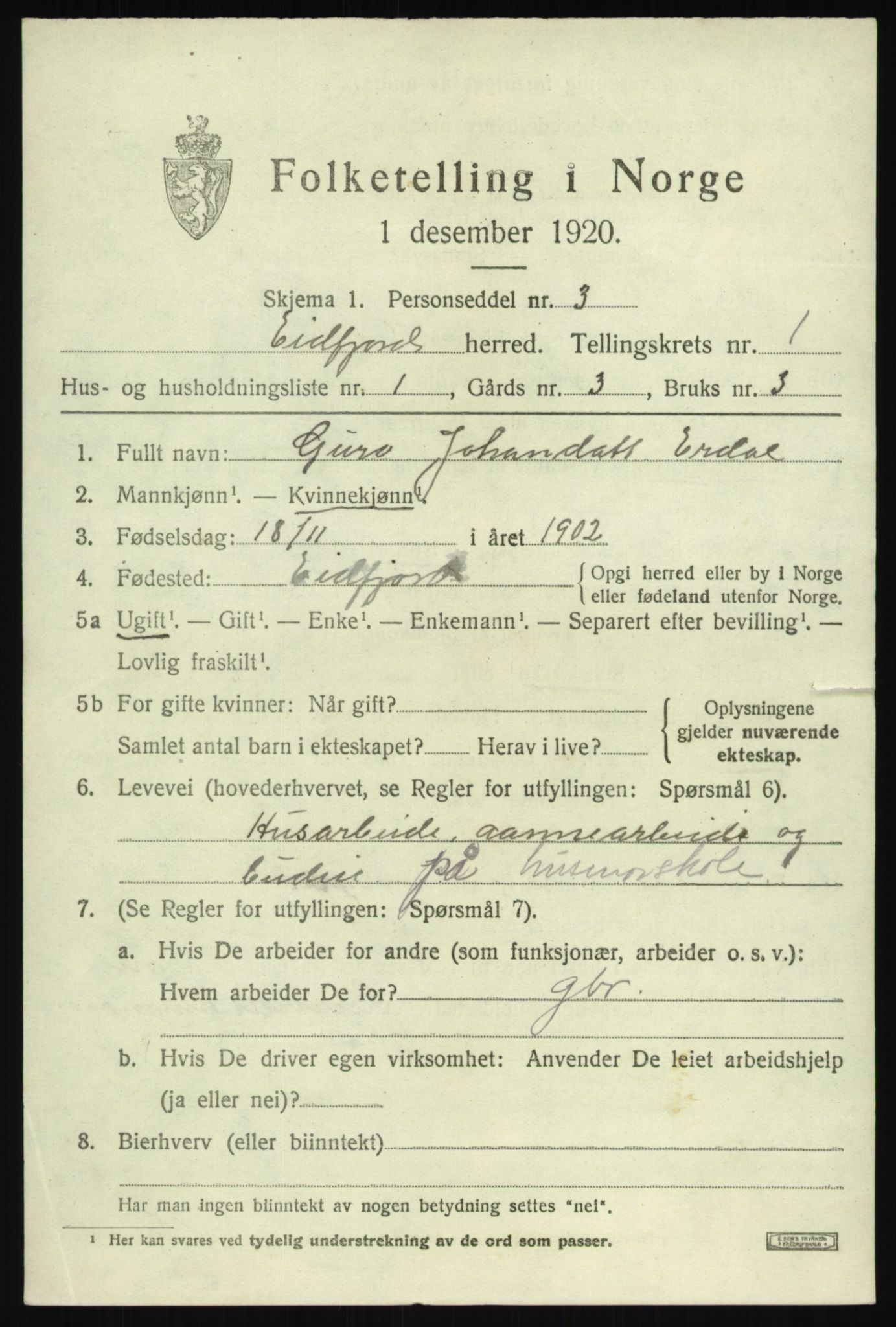 SAB, 1920 census for Eidfjord, 1920, p. 460