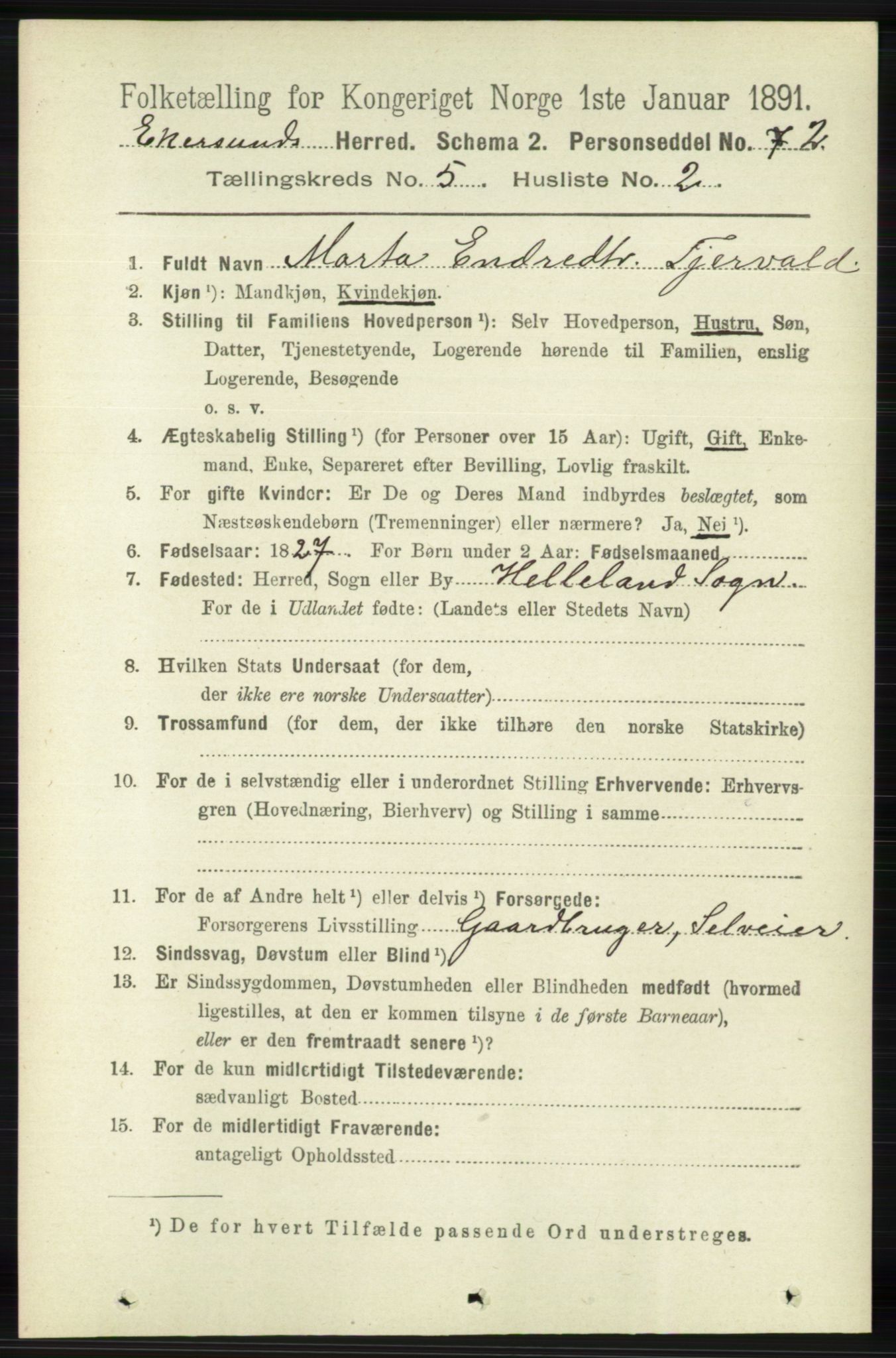 RA, 1891 census for 1116 Eigersund herred, 1891, p. 2051