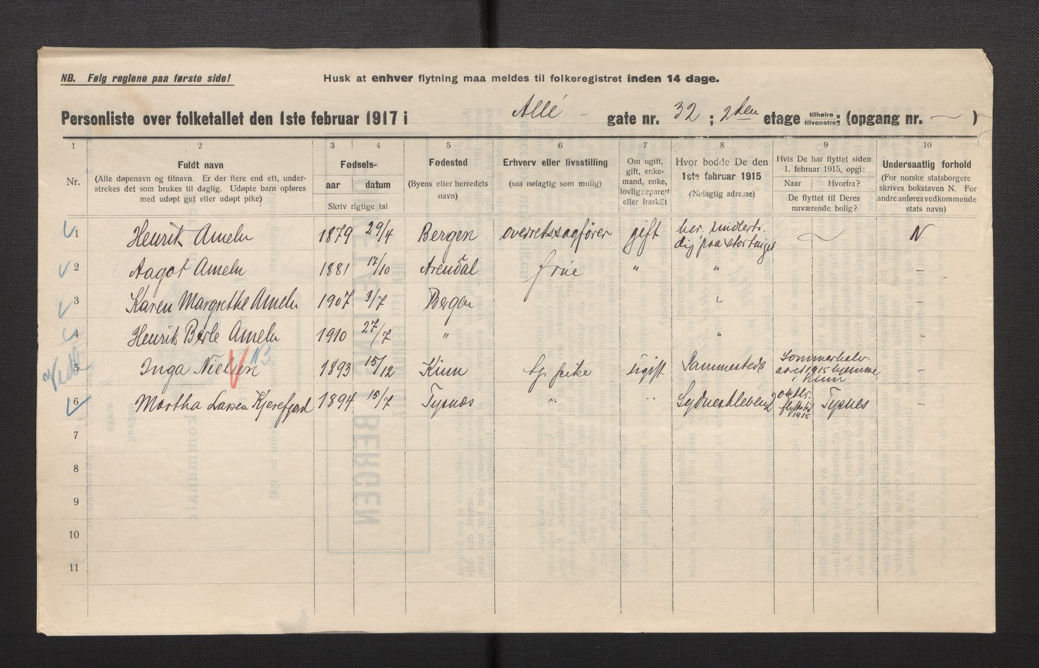 SAB, Municipal Census 1917 for Bergen, 1917, p. 965