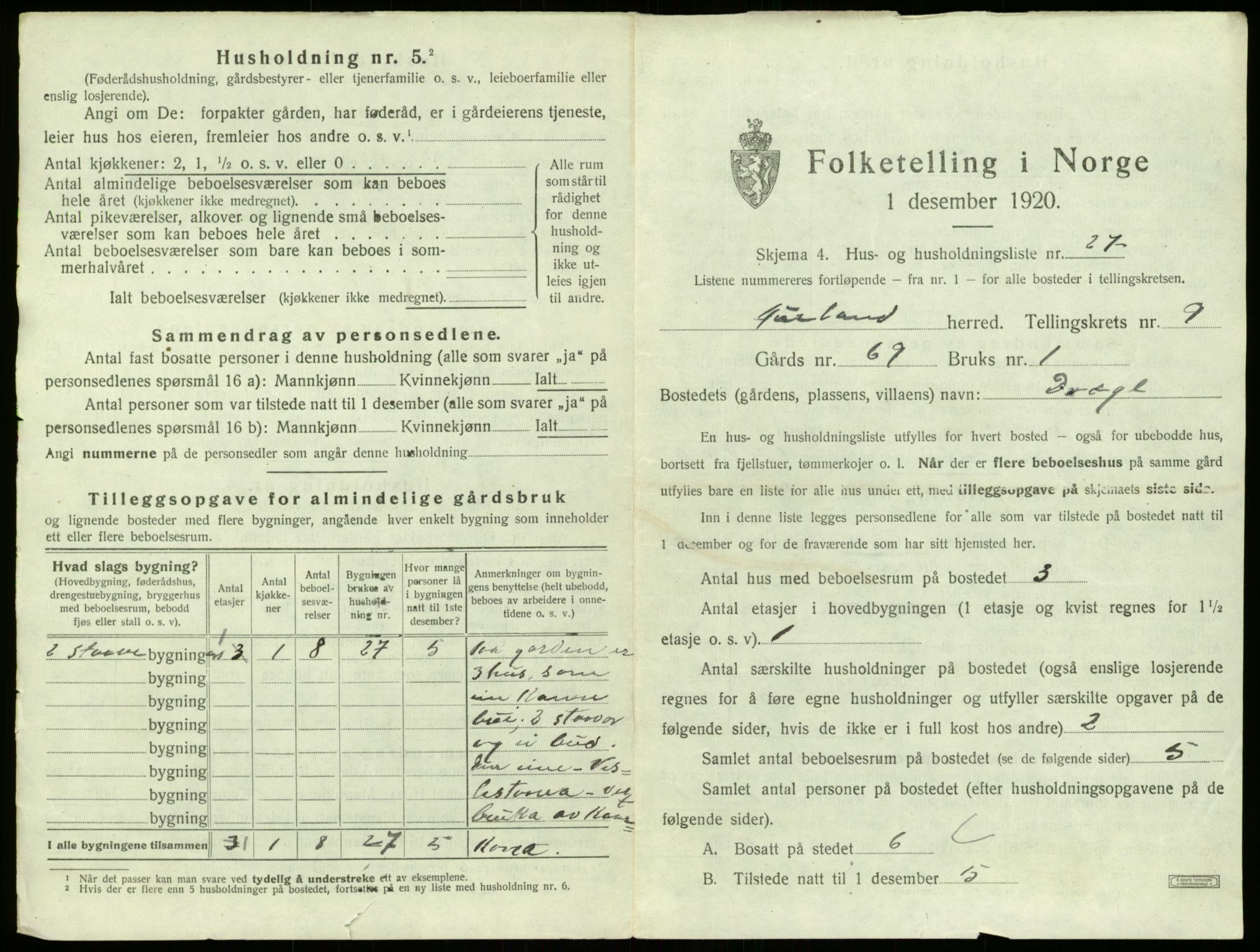 SAB, 1920 census for Aurland, 1920, p. 729