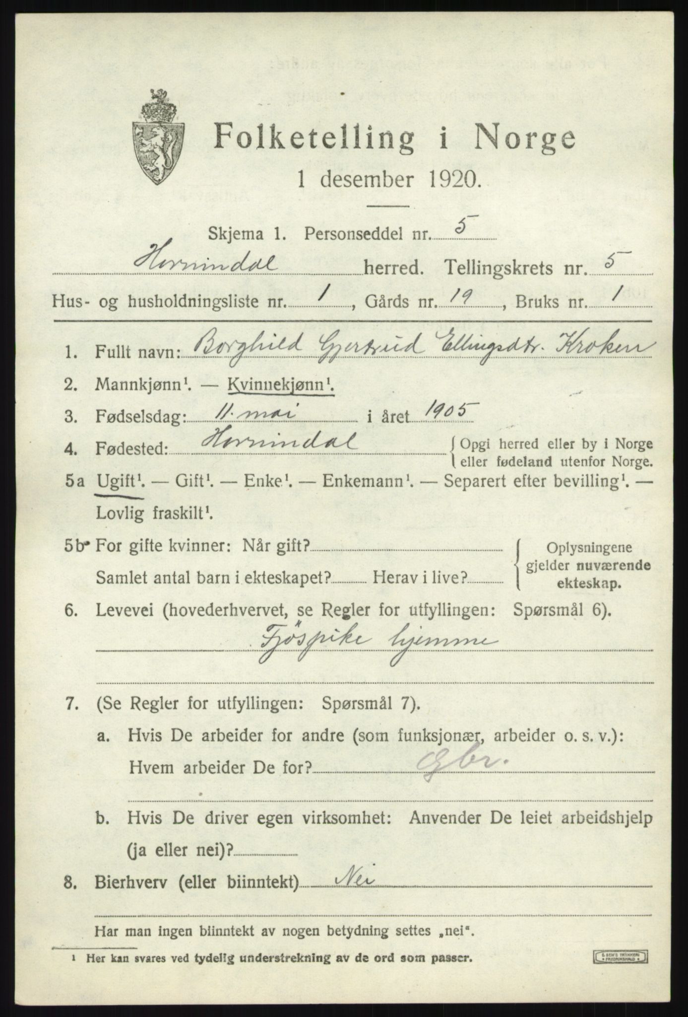 SAB, 1920 census for Hornindal, 1920, p. 2354