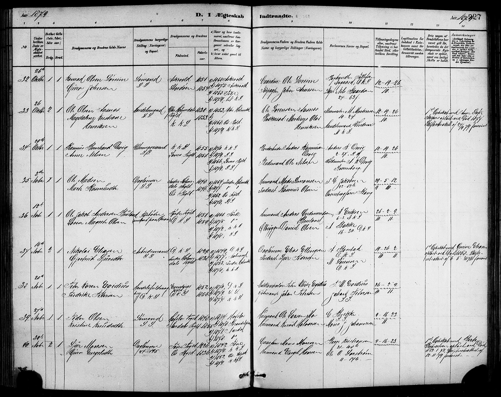 Sandviken Sokneprestembete, AV/SAB-A-77601/H/Hb/L0001: Parish register (copy) no. A 2, 1879-1892, p. 327