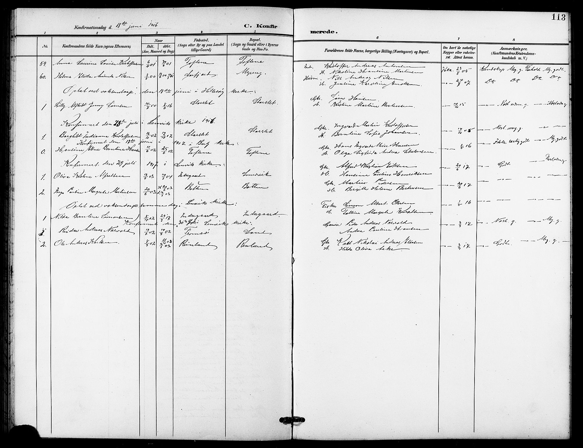 Lenvik sokneprestembete, SATØ/S-1310/H/Ha/Hab/L0022klokker: Parish register (copy) no. 22, 1901-1918, p. 113