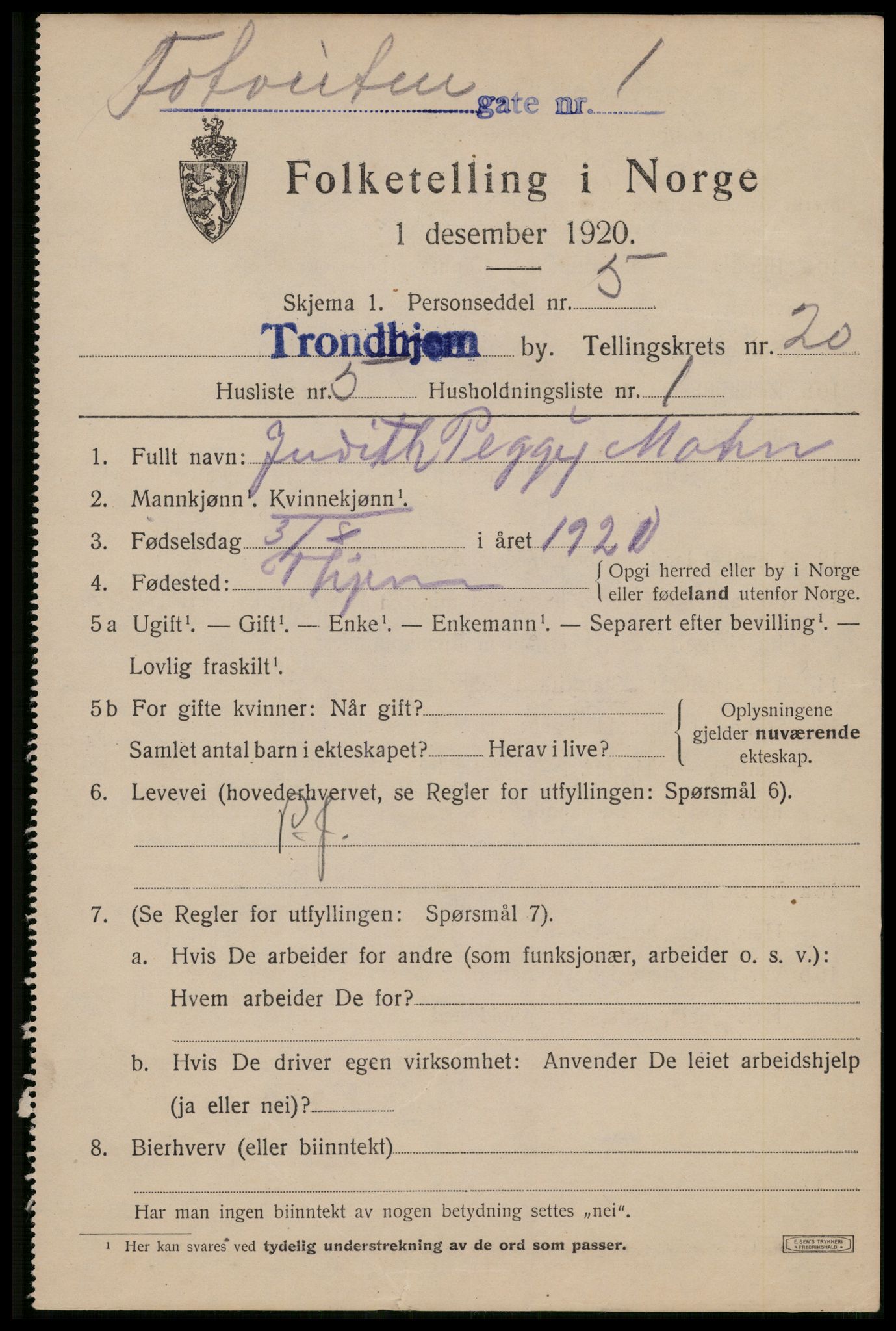 SAT, 1920 census for Trondheim, 1920, p. 59668