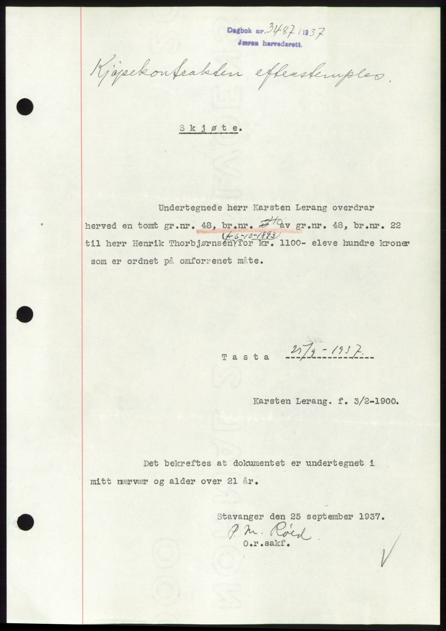 Jæren sorenskriveri, SAST/A-100310/03/G/Gba/L0069: Mortgage book, 1937-1937, Diary no: : 3487/1937