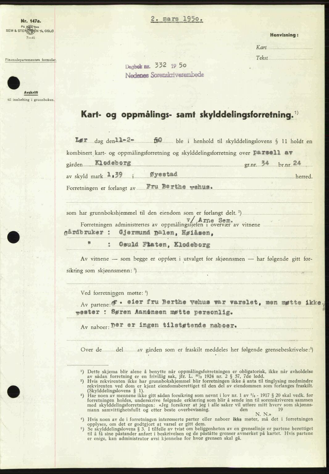 Nedenes sorenskriveri, SAK/1221-0006/G/Gb/Gba/L0062: Mortgage book no. A14, 1949-1950, Diary no: : 332/1950