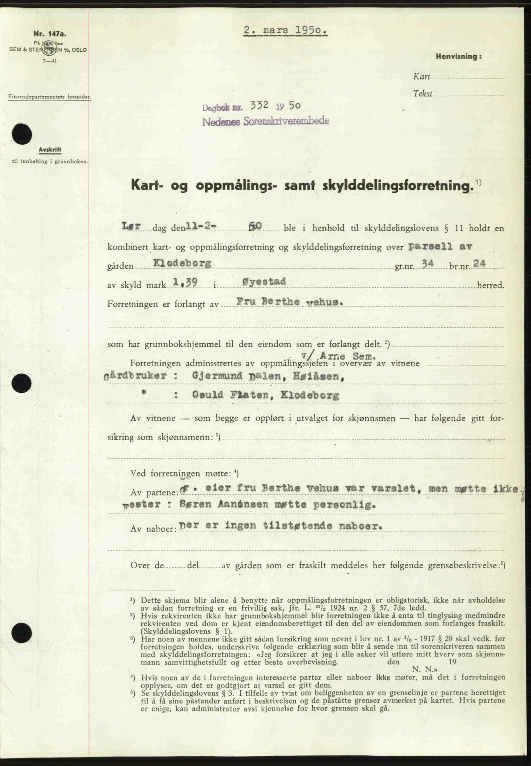 Nedenes sorenskriveri, AV/SAK-1221-0006/G/Gb/Gba/L0062: Mortgage book no. A14, 1949-1950, Diary no: : 332/1950