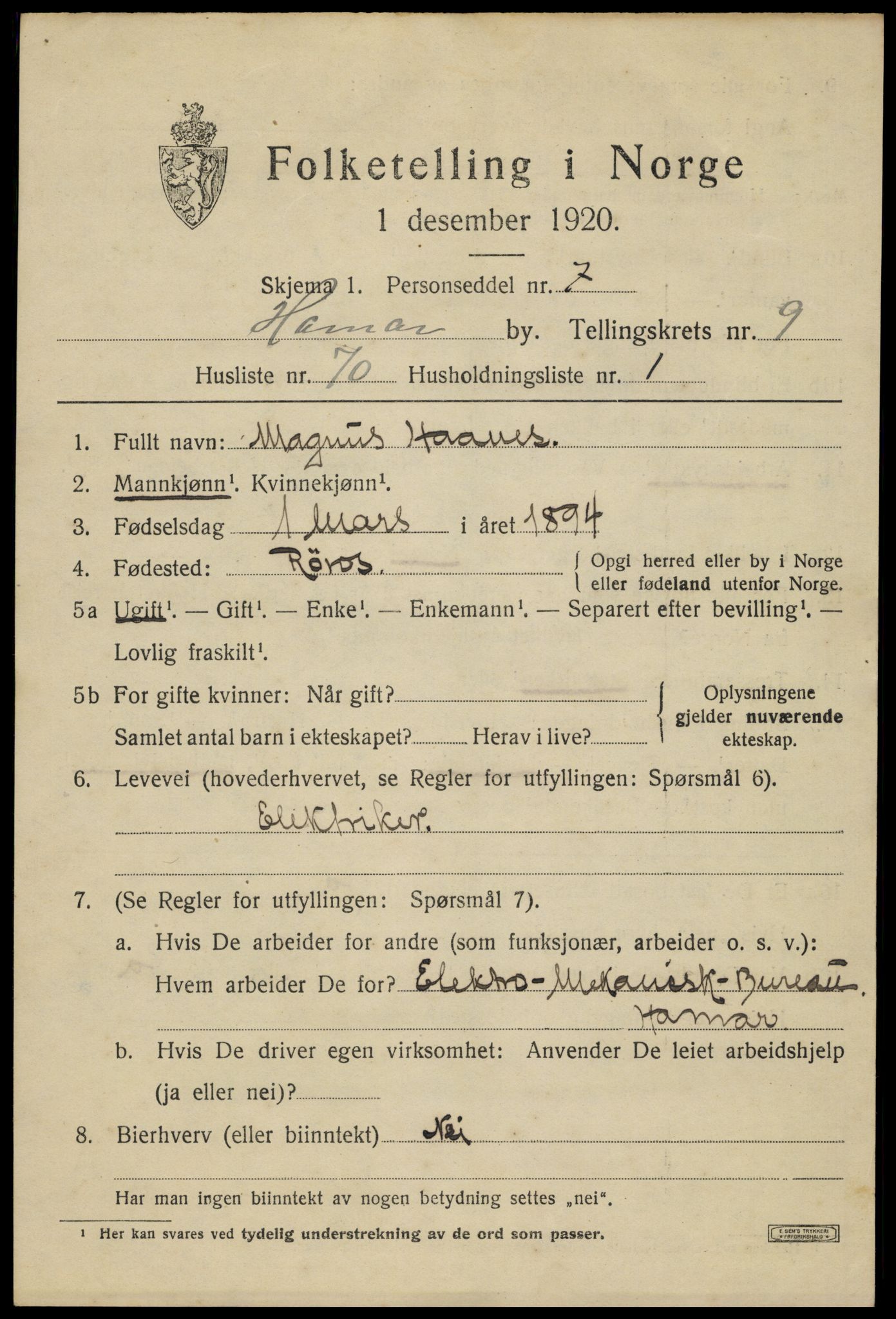 SAH, 1920 census for Hamar, 1920, p. 17529