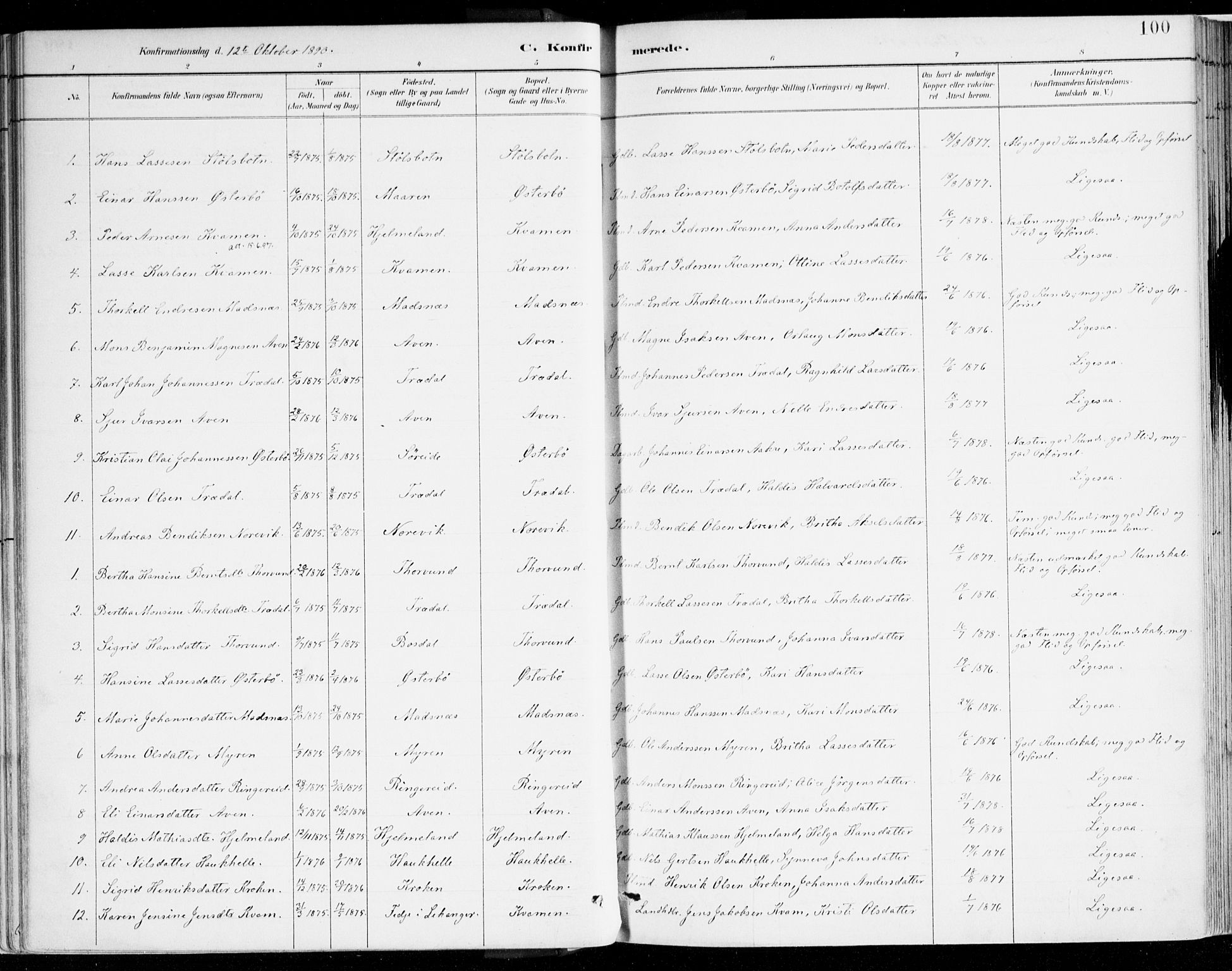 Lavik sokneprestembete, AV/SAB-A-80901: Parish register (official) no. B 1, 1882-1908, p. 100