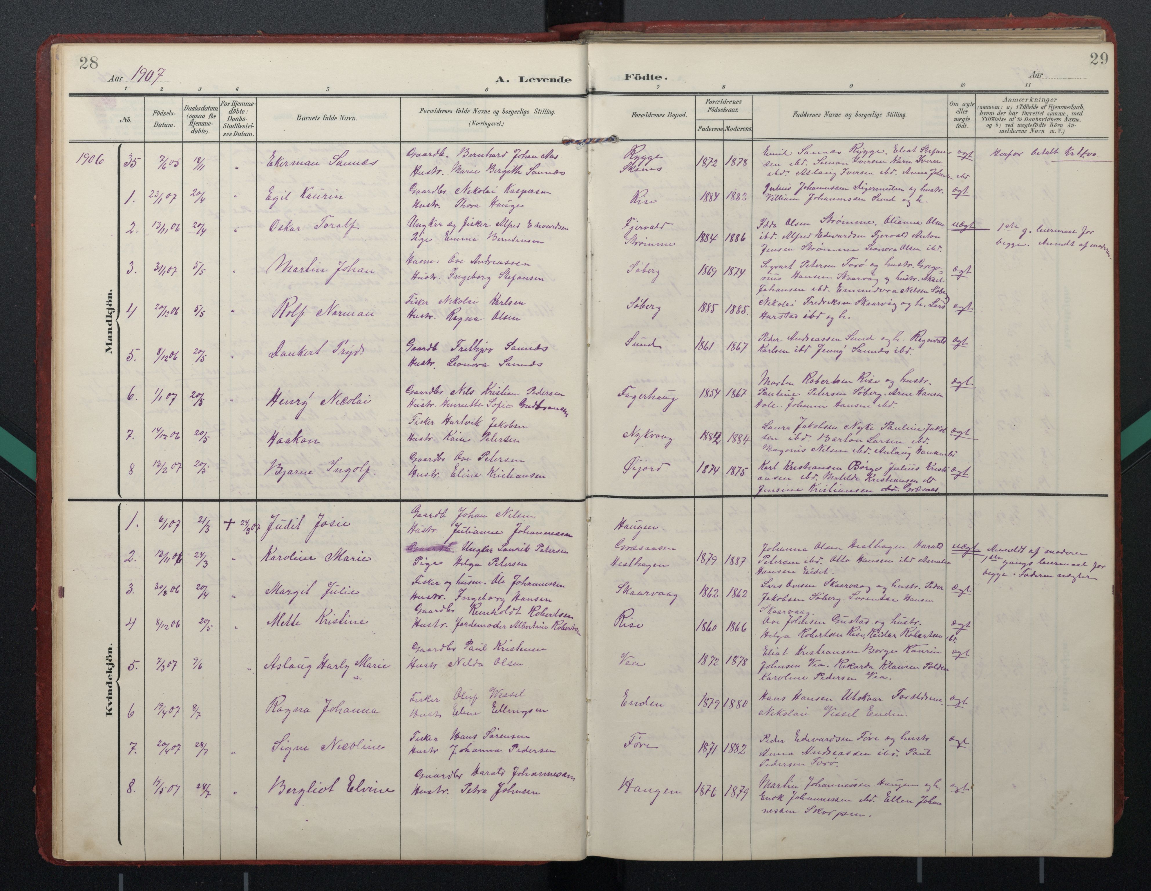 Ministerialprotokoller, klokkerbøker og fødselsregistre - Nordland, AV/SAT-A-1459/892/L1322: Parish register (official) no. 892A03, 1904-1921, p. 28-29
