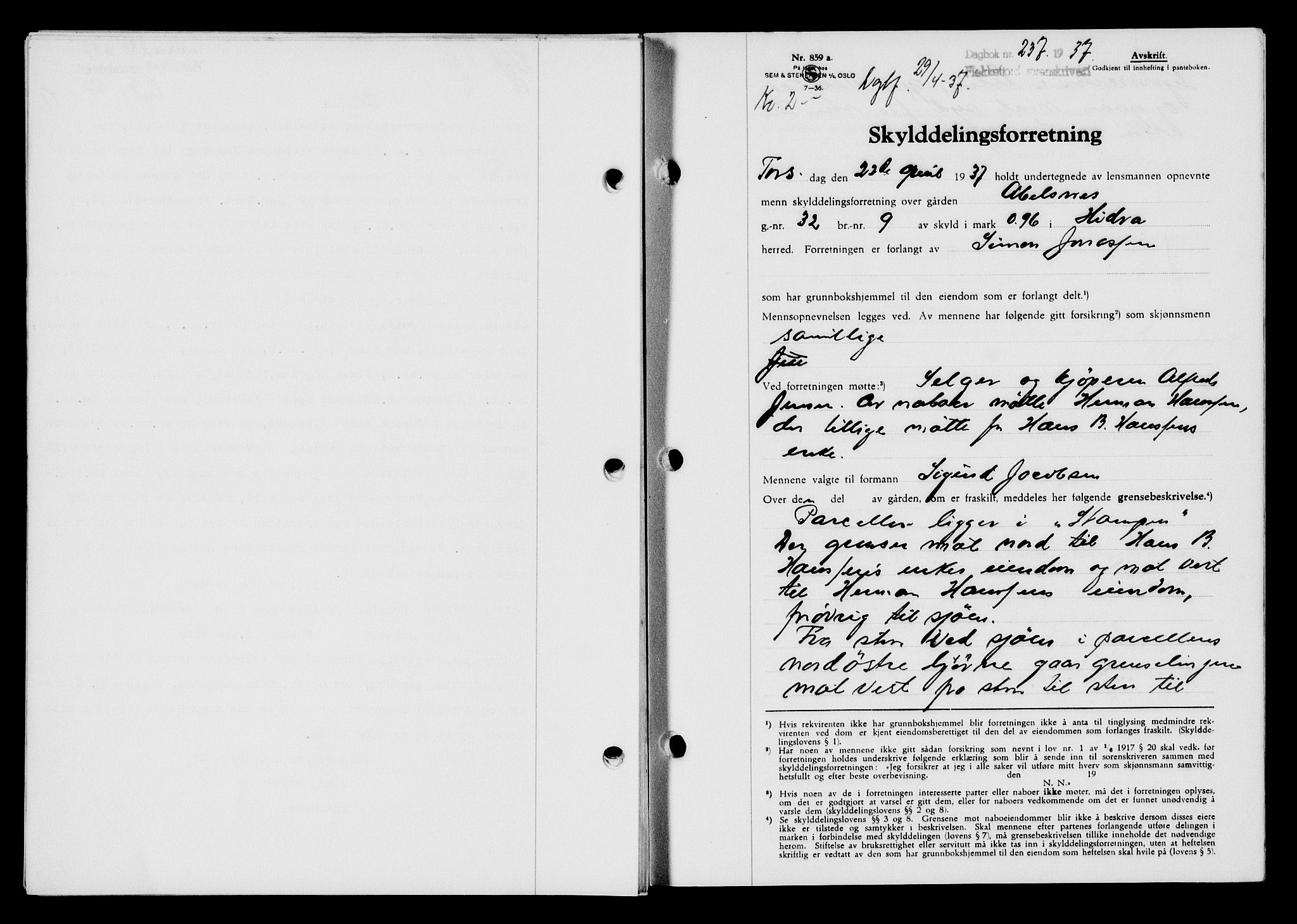 Flekkefjord sorenskriveri, SAK/1221-0001/G/Gb/Gba/L0053: Mortgage book no. A-1, 1936-1937, Diary no: : 237/1937