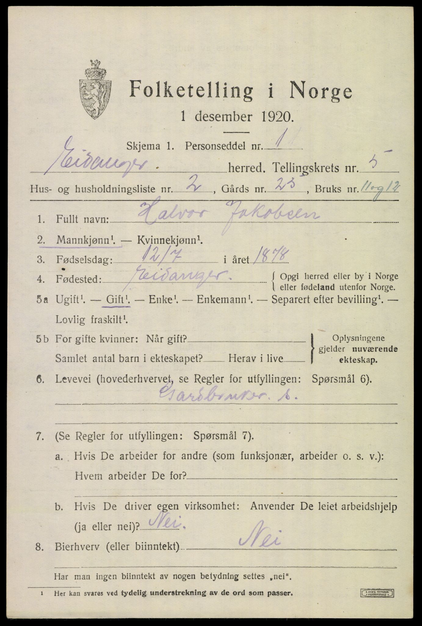 SAKO, 1920 census for Eidanger, 1920, p. 5028