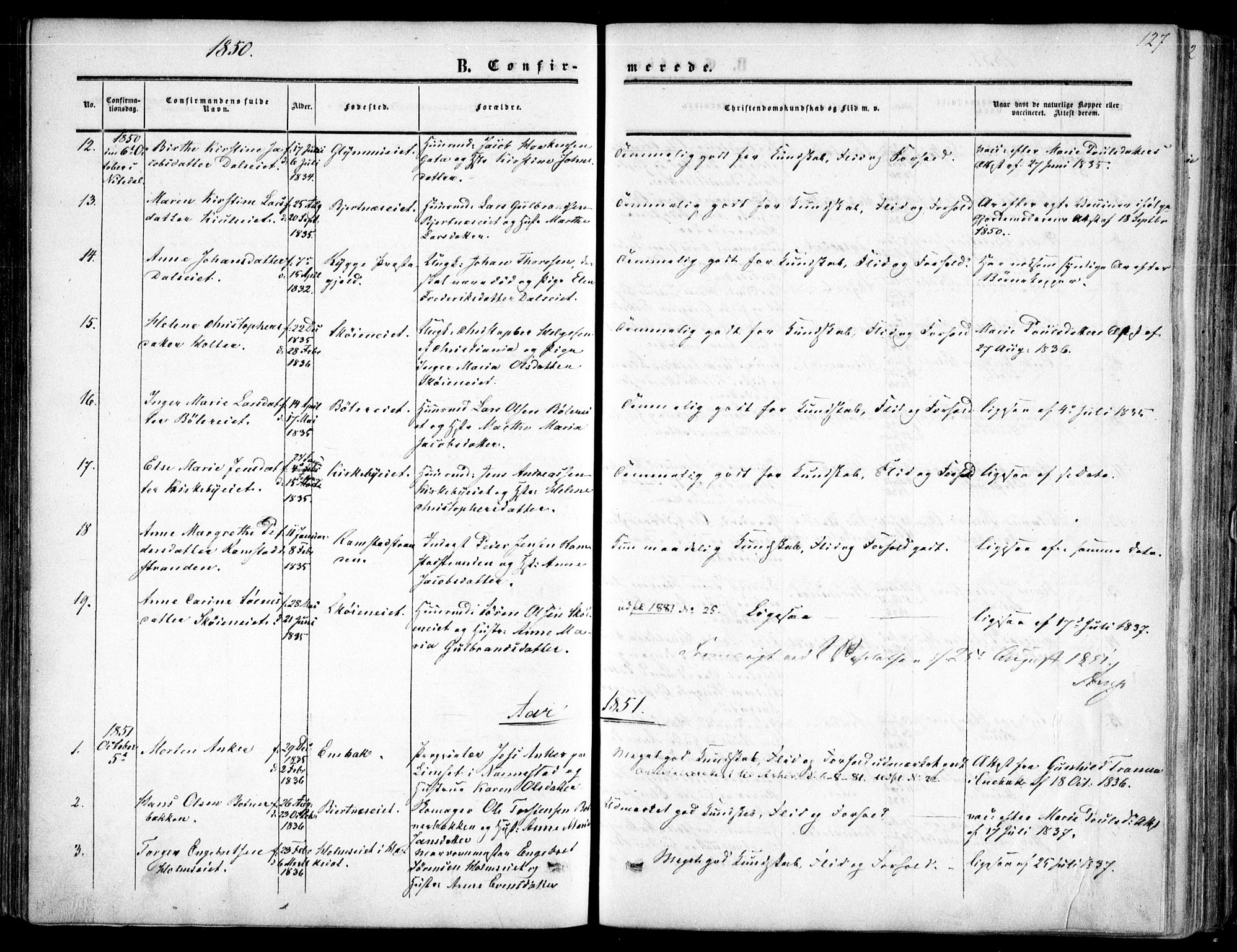 Nittedal prestekontor Kirkebøker, SAO/A-10365a/F/Fa/L0005: Parish register (official) no. I 5, 1850-1862, p. 127