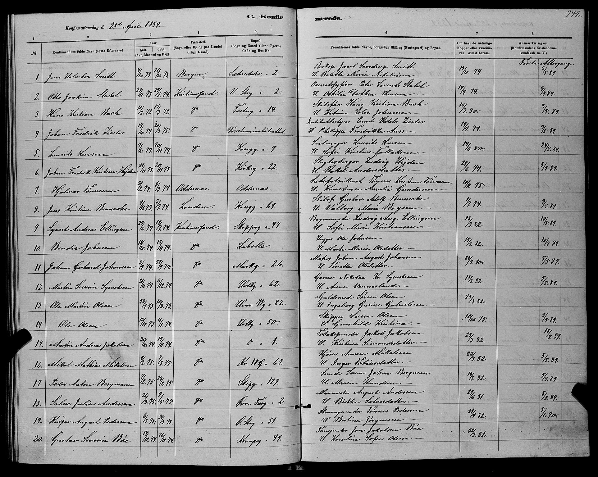 Kristiansand domprosti, SAK/1112-0006/F/Fb/L0016: Parish register (copy) no. B 16, 1881-1893, p. 242