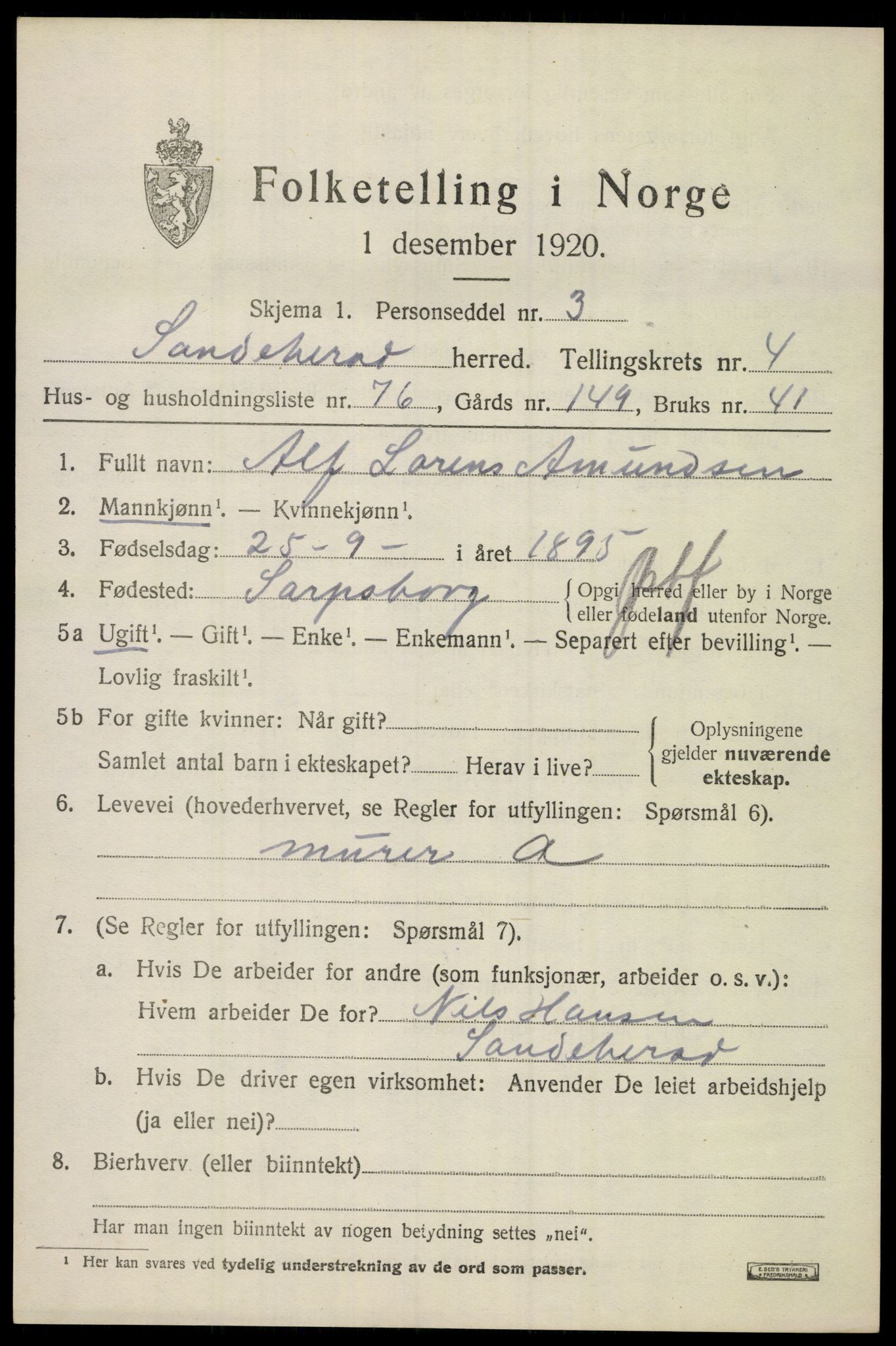 SAKO, 1920 census for Sandeherred, 1920, p. 7472