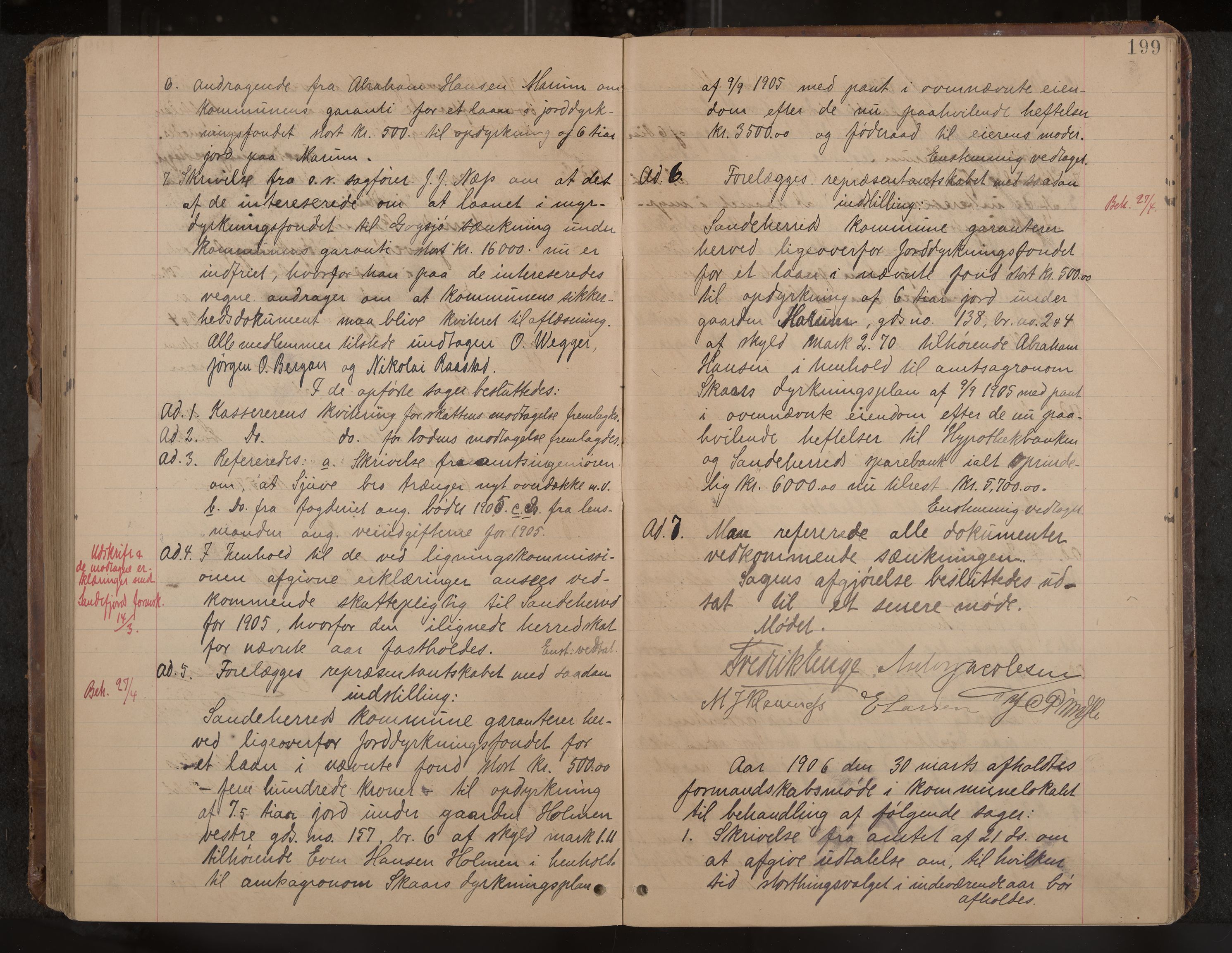 Sandar formannskap og sentraladministrasjon, IKAK/0724021/A/Aa/L0003: Møtebok med register, 1900-1907, p. 199