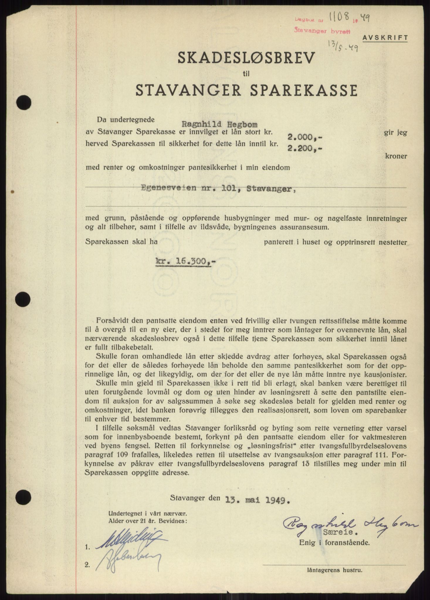 Stavanger byrett, SAST/A-100455/002/G/Gb/L0032: Mortgage book, 1947-1950, Diary no: : 1108/1949