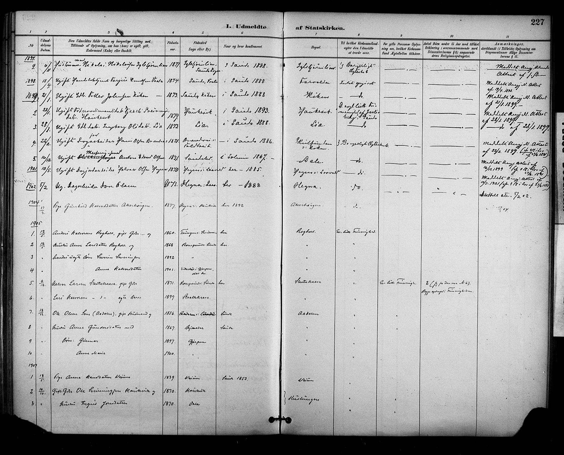 Sauherad kirkebøker, AV/SAKO-A-298/F/Fa/L0009: Parish register (official) no. I 9, 1887-1912, p. 227