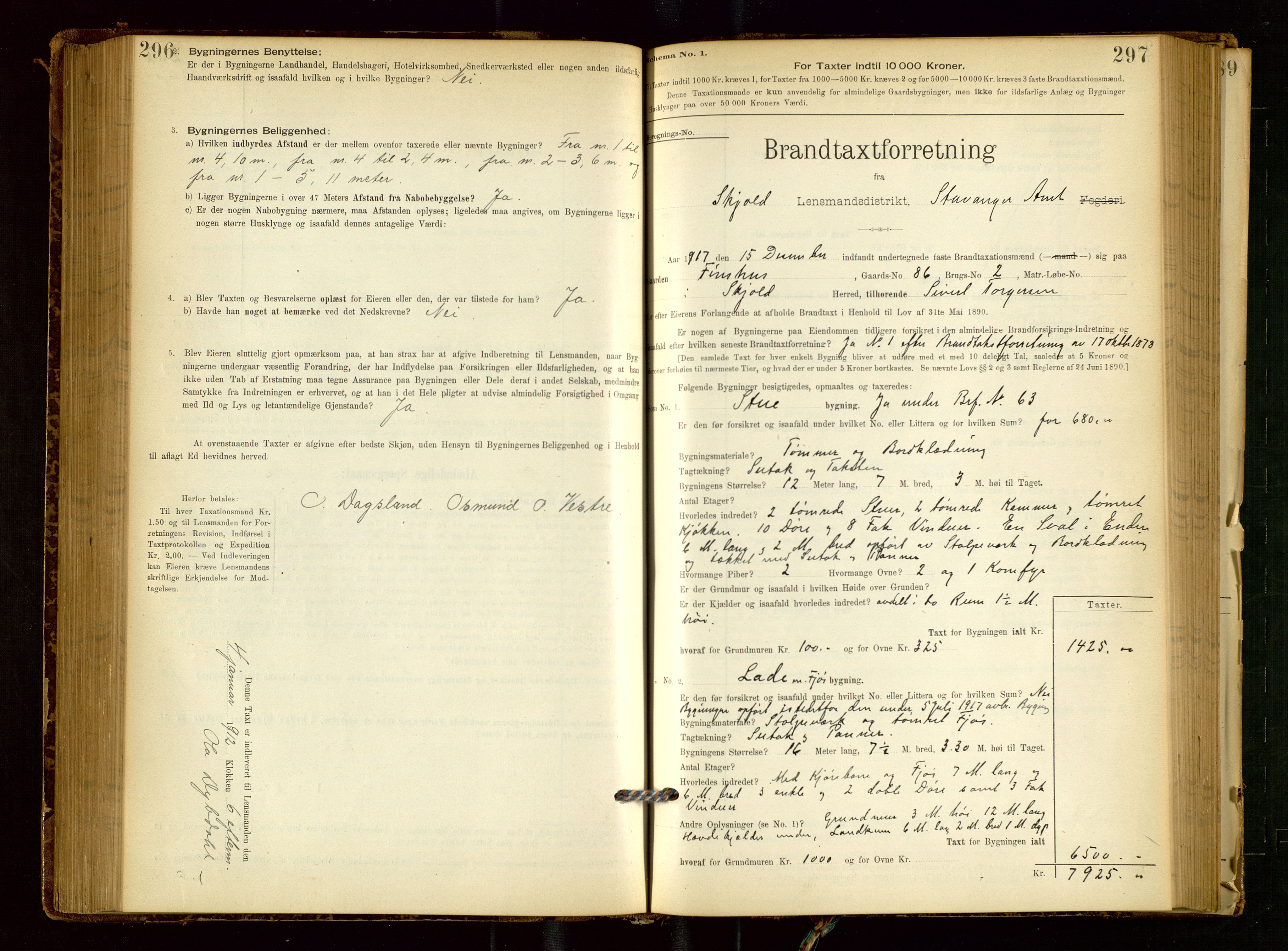 Skjold lensmannskontor, SAST/A-100182/Gob/L0001: "Brandtaxationsprotokol for Skjold Lensmandsdistrikt Ryfylke Fogderi", 1894-1939, p. 296-297