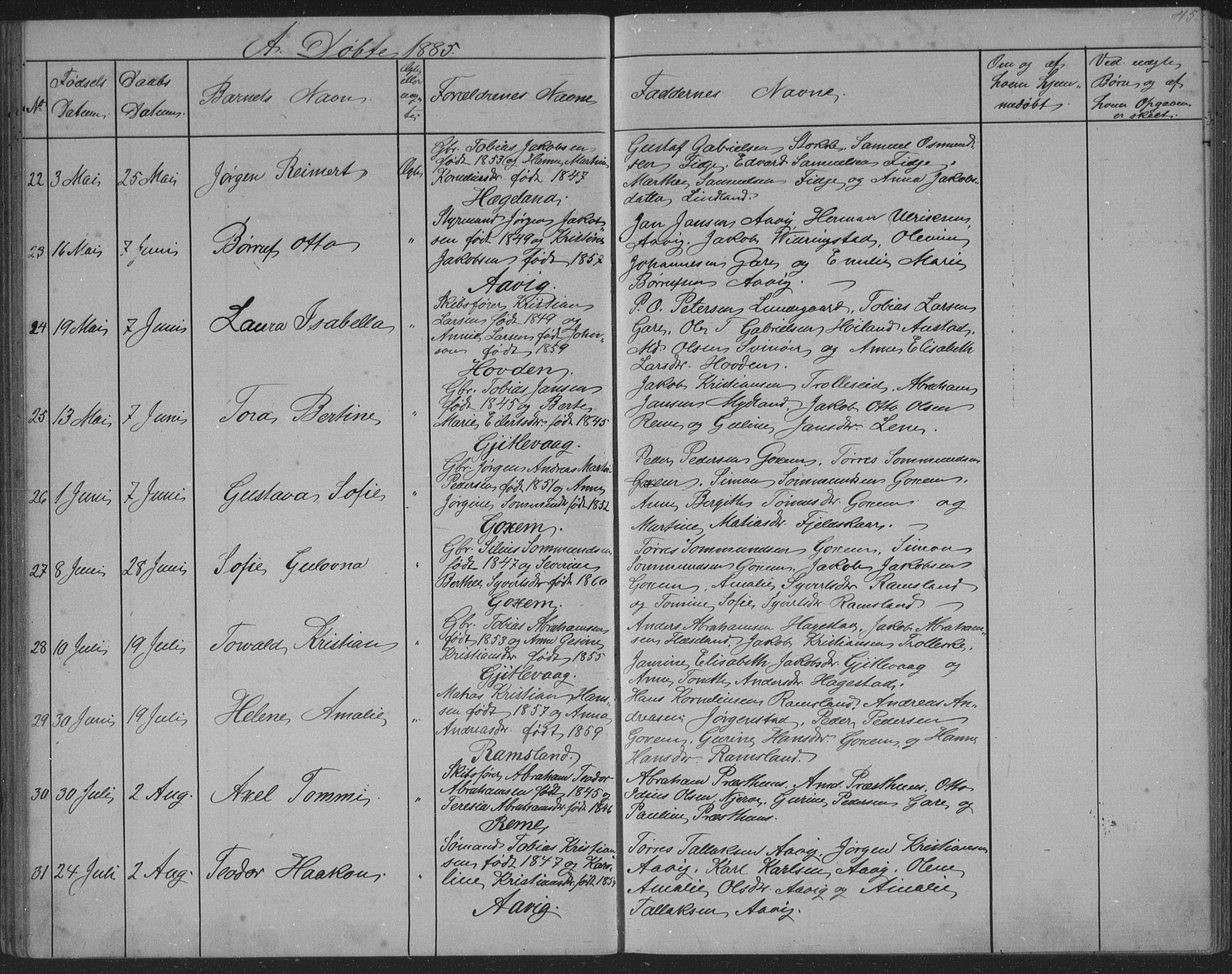 Sør-Audnedal sokneprestkontor, AV/SAK-1111-0039/F/Fb/Fba/L0003: Parish register (copy) no. B 3, 1879-1893, p. 45