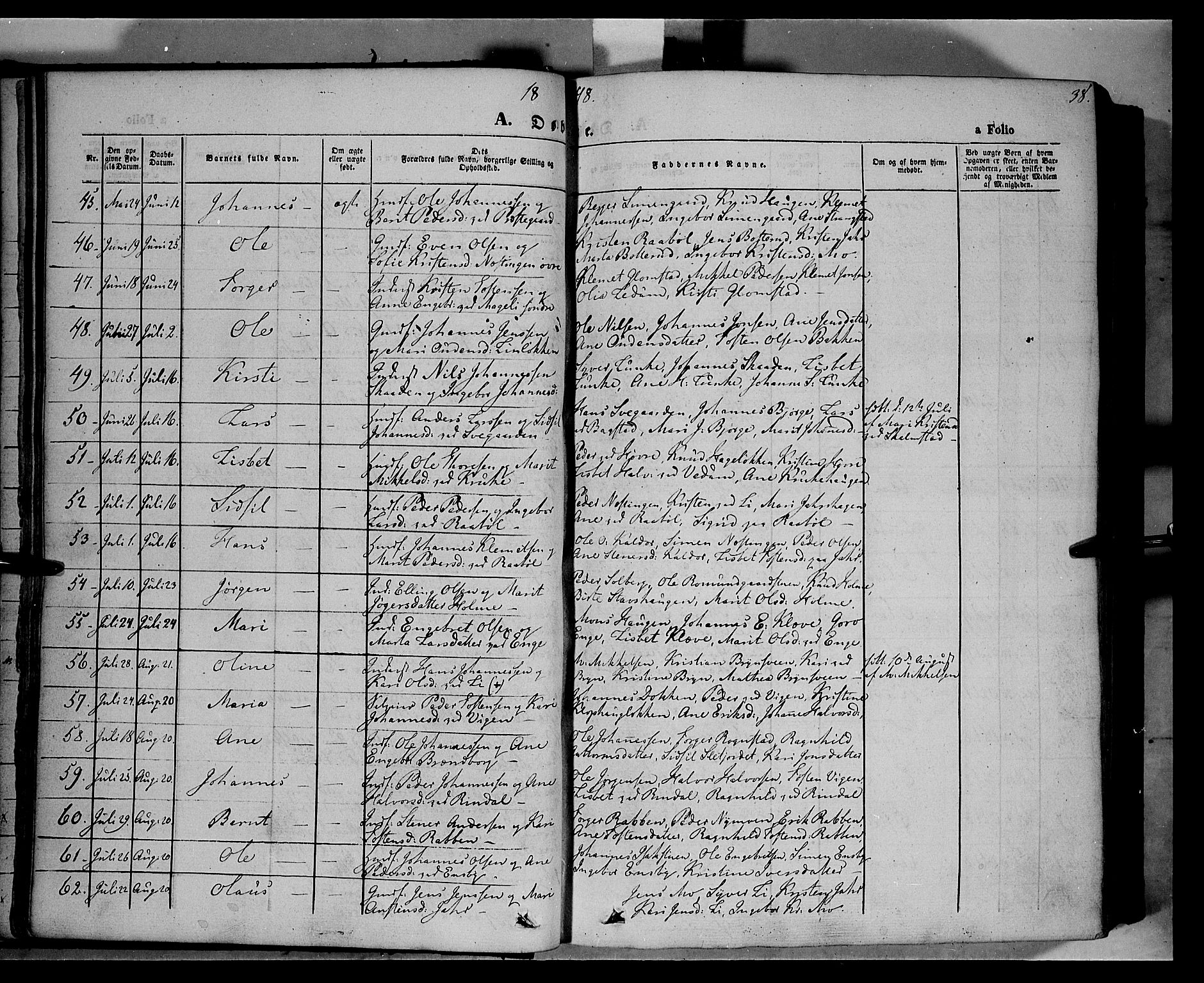 Øyer prestekontor, AV/SAH-PREST-084/H/Ha/Haa/L0005: Parish register (official) no. 5, 1842-1857, p. 38