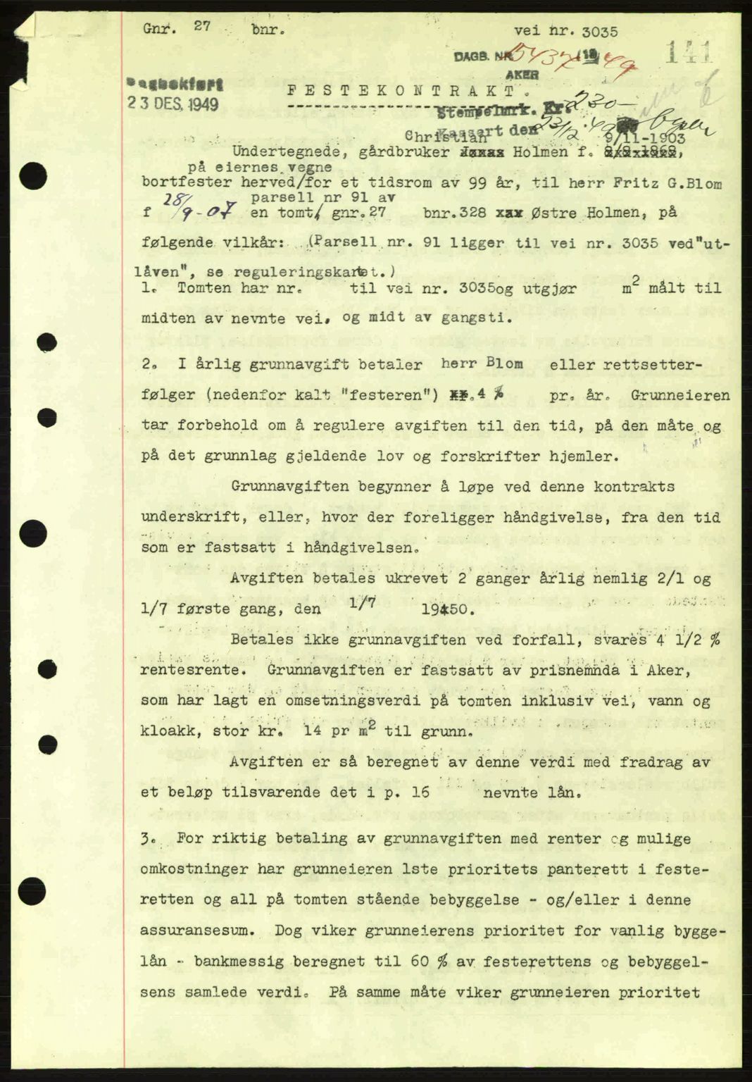 Oslo byskriverembete, AV/SAO-A-10227/G/Gb/Gbd/Gbda/L0017: Mortgage book no. A215, 1949-1950, Diary no: : 15437/1949