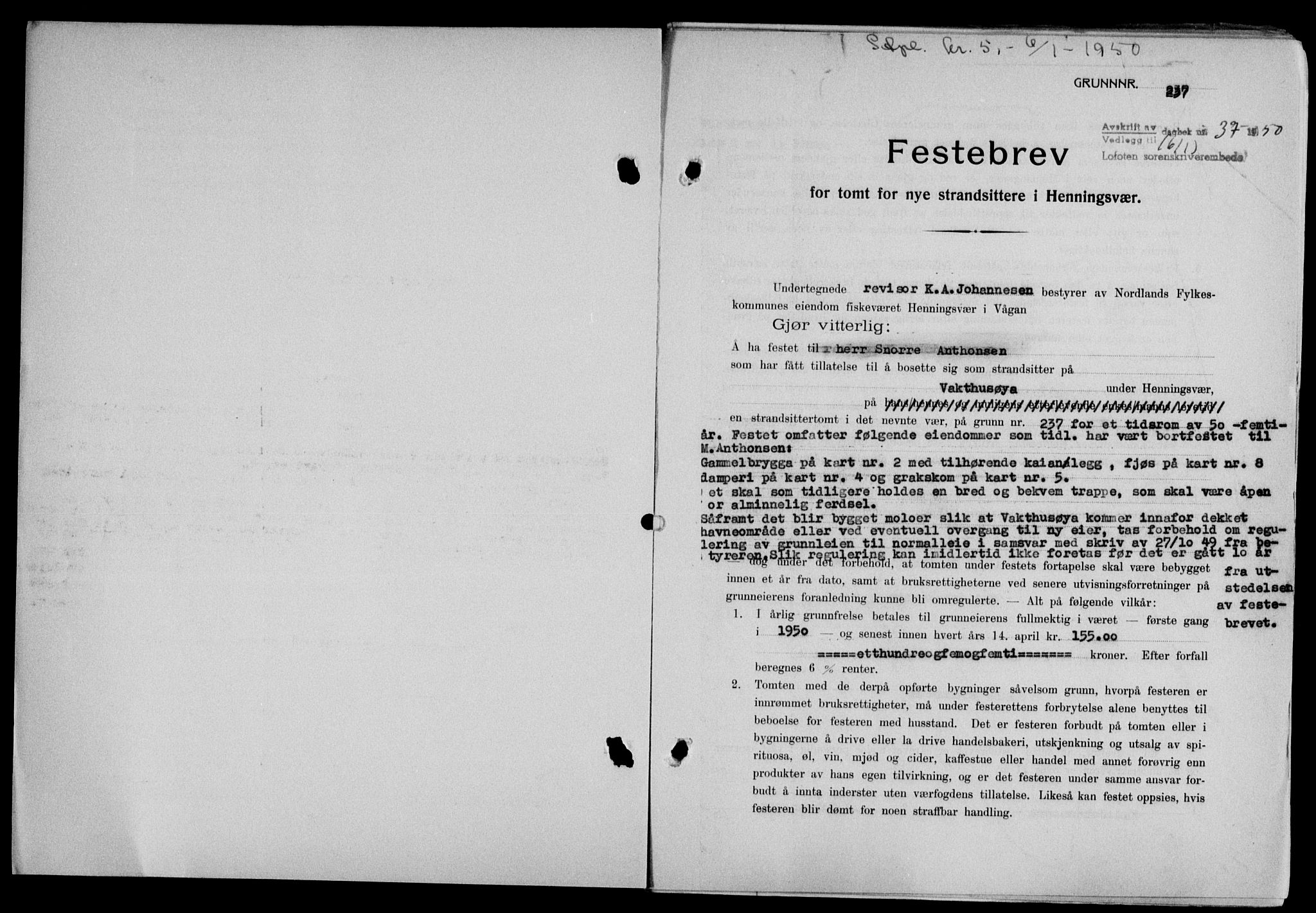 Lofoten sorenskriveri, SAT/A-0017/1/2/2C/L0022a: Mortgage book no. 22a, 1949-1950, Diary no: : 37/1950