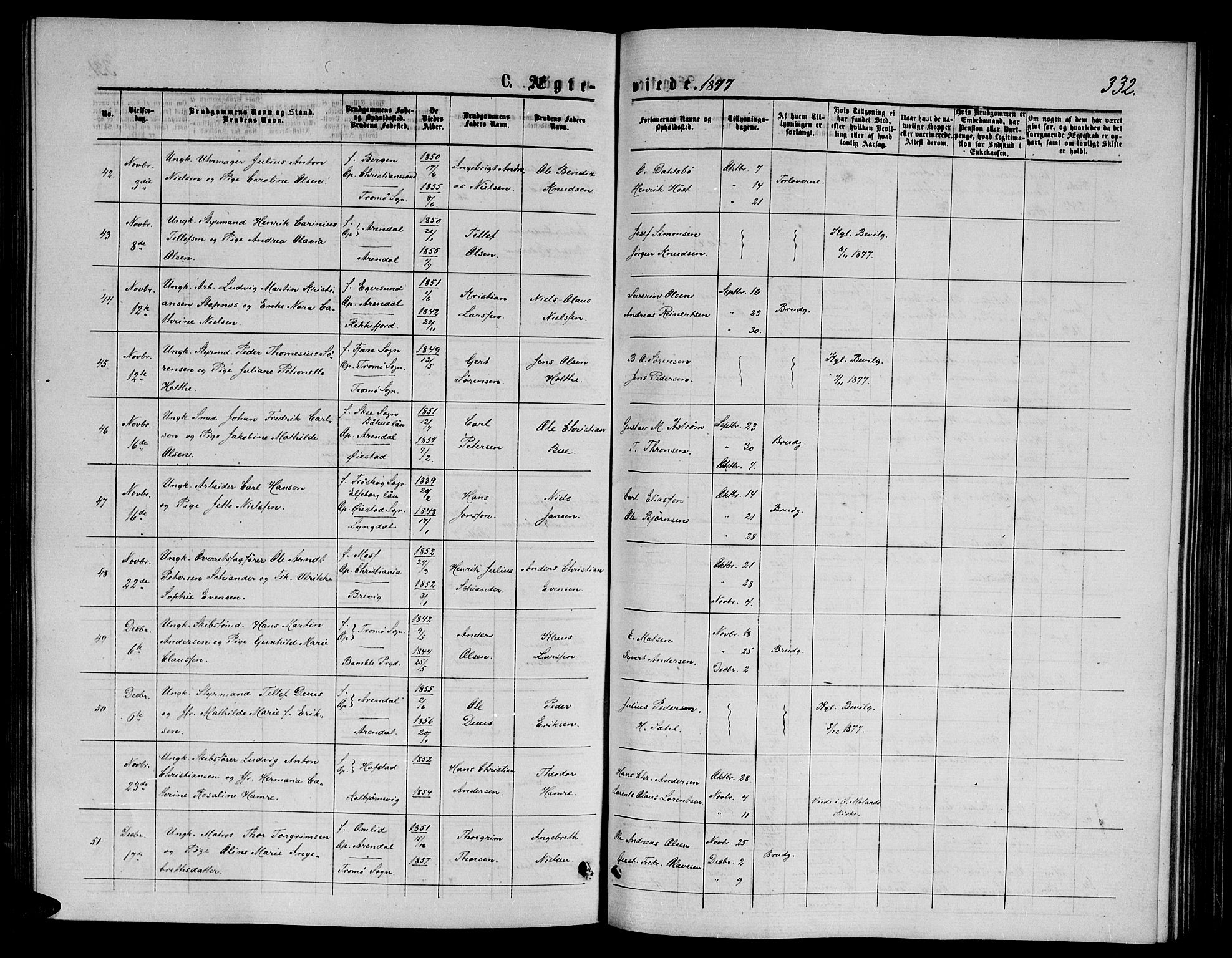 Arendal sokneprestkontor, Trefoldighet, SAK/1111-0040/F/Fb/L0005: Parish register (copy) no. B 5, 1874-1888, p. 332