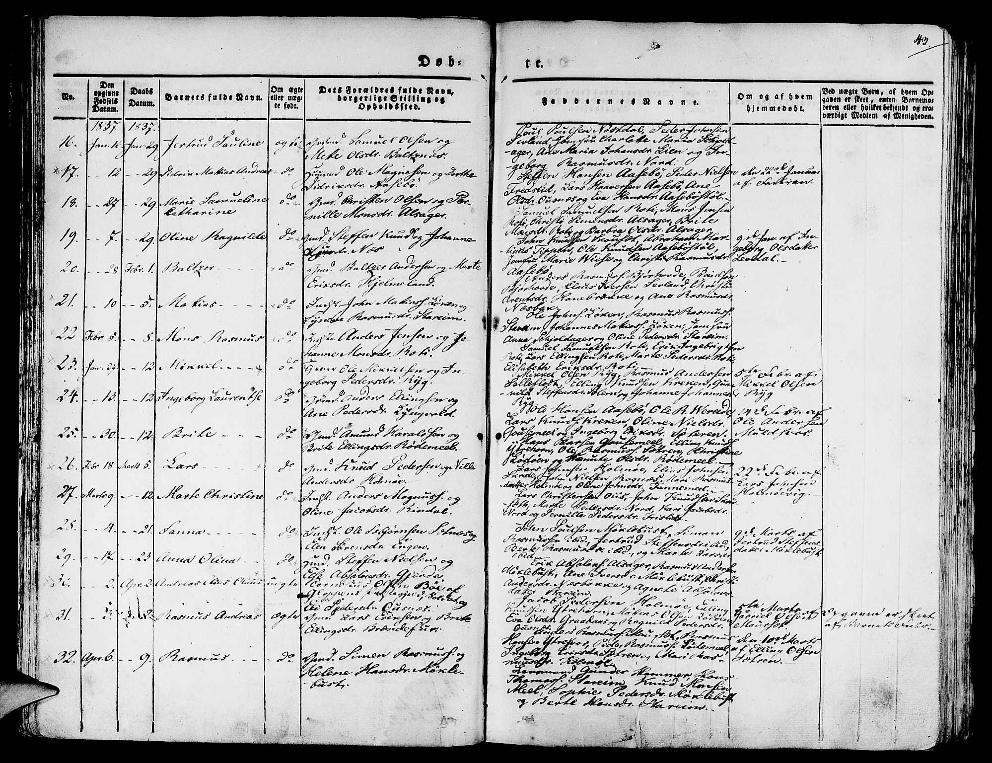 Eid sokneprestembete, SAB/A-82301/H/Haa/Haaa/L0006: Parish register (official) no. A 6, 1831-1843, p. 43