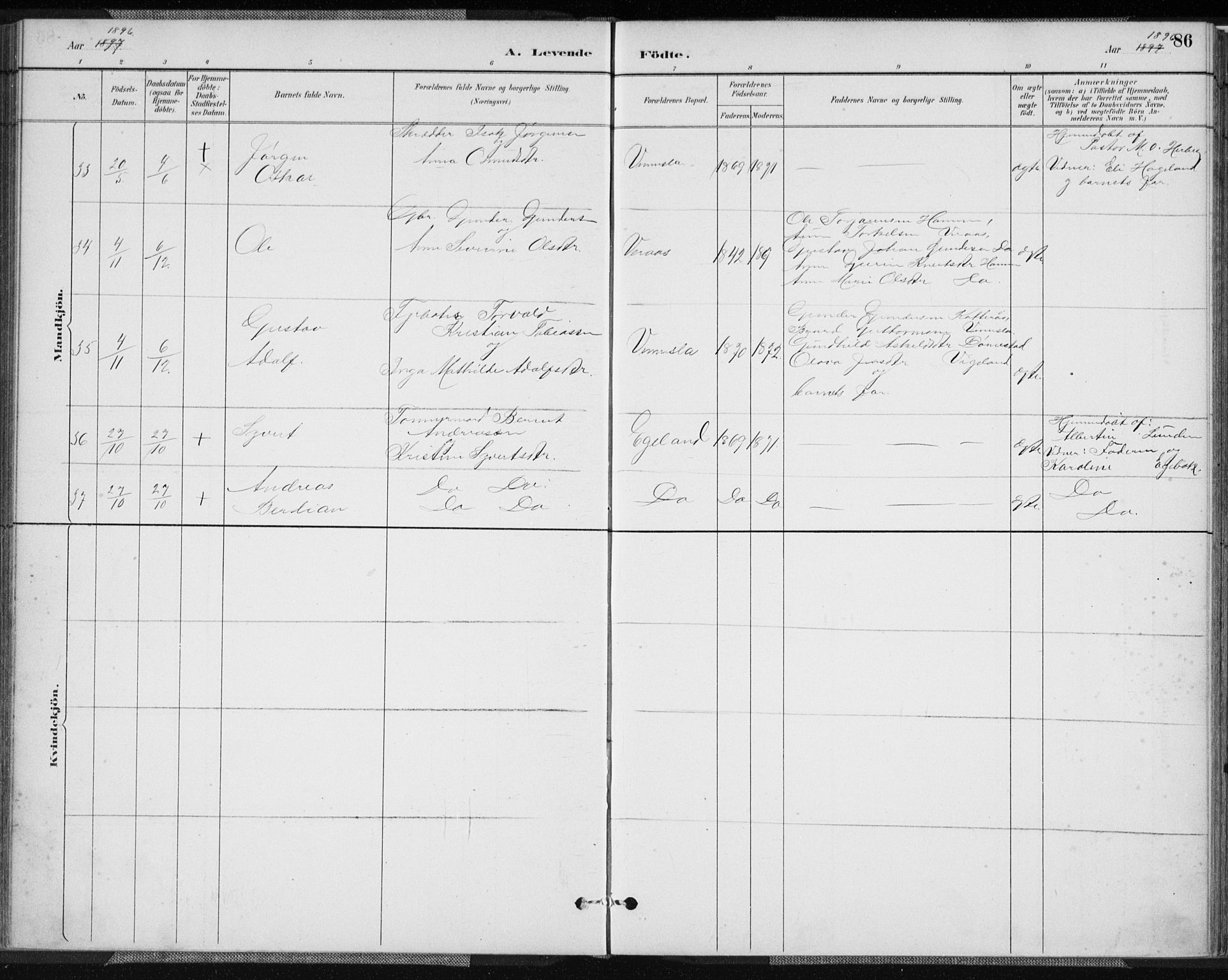 Vennesla sokneprestkontor, SAK/1111-0045/Fa/Fab/L0004: Parish register (official) no. A 4, 1884-1896, p. 86