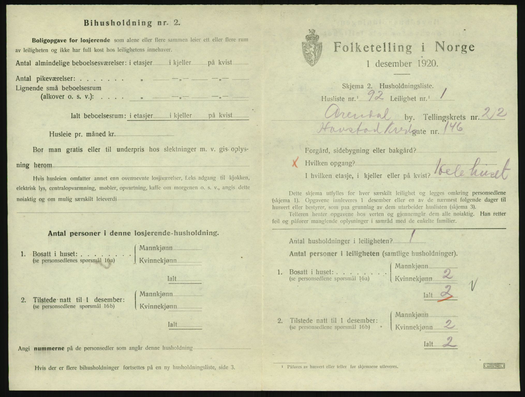 SAK, 1920 census for Arendal, 1920, p. 8812