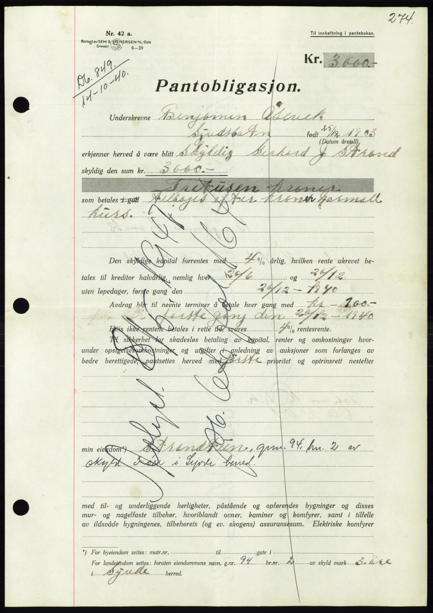 Søre Sunnmøre sorenskriveri, AV/SAT-A-4122/1/2/2C/L0070: Mortgage book no. 64, 1940-1941, Diary no: : 849/1940