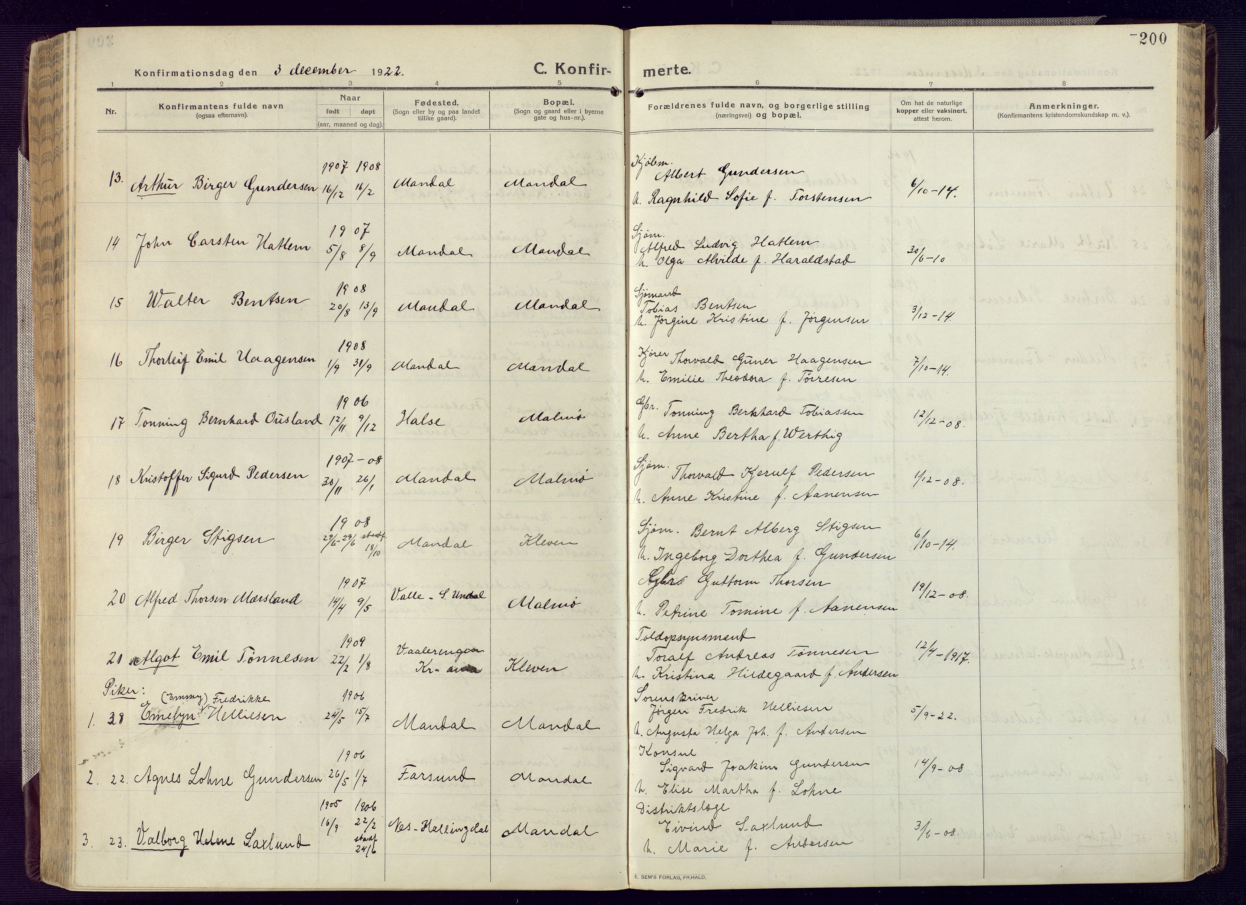 Mandal sokneprestkontor, AV/SAK-1111-0030/F/Fa/Fac/L0001: Parish register (official) no. A 1, 1913-1925, p. 200