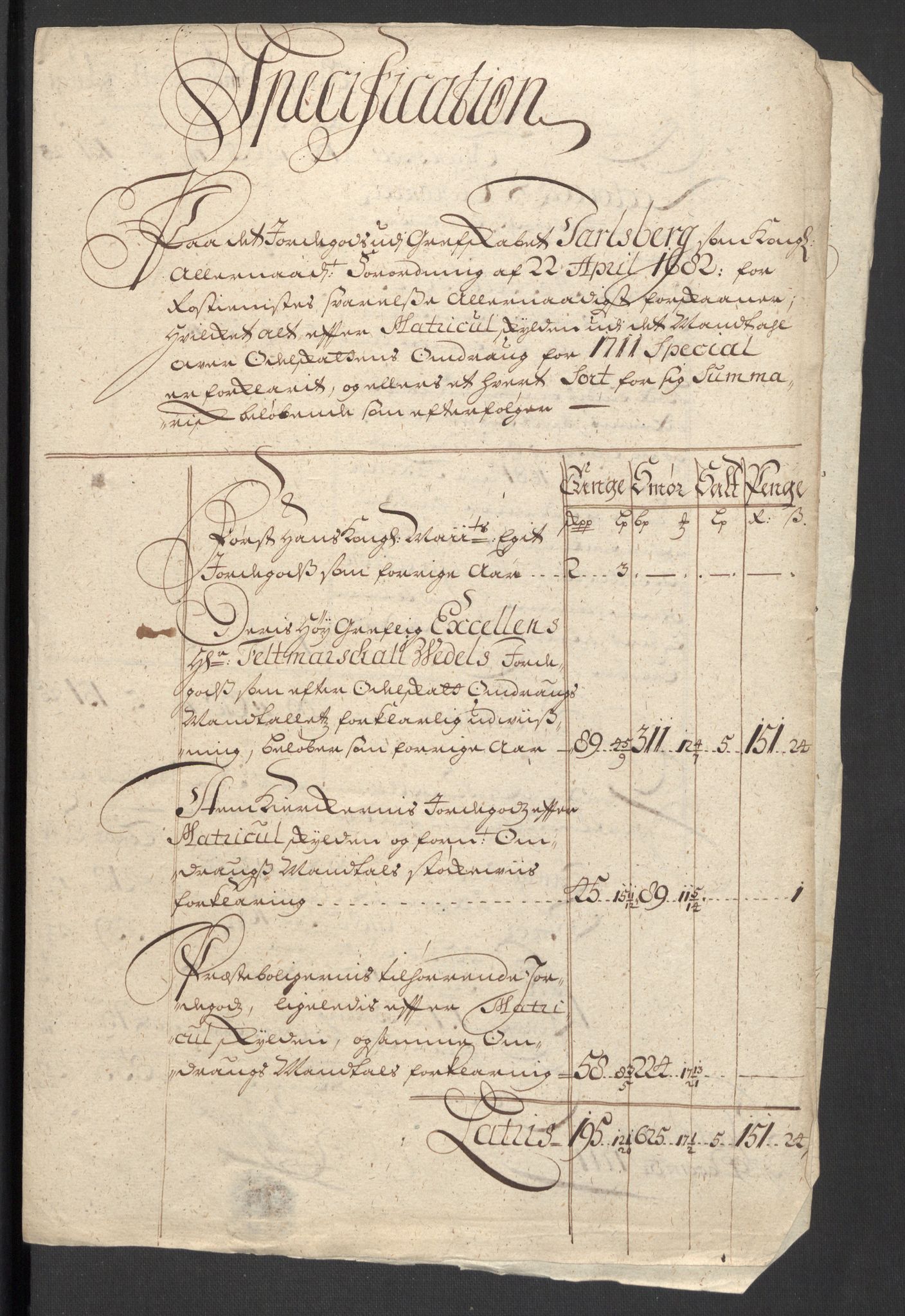 Rentekammeret inntil 1814, Reviderte regnskaper, Fogderegnskap, RA/EA-4092/R32/L1876: Fogderegnskap Jarlsberg grevskap, 1711, p. 126