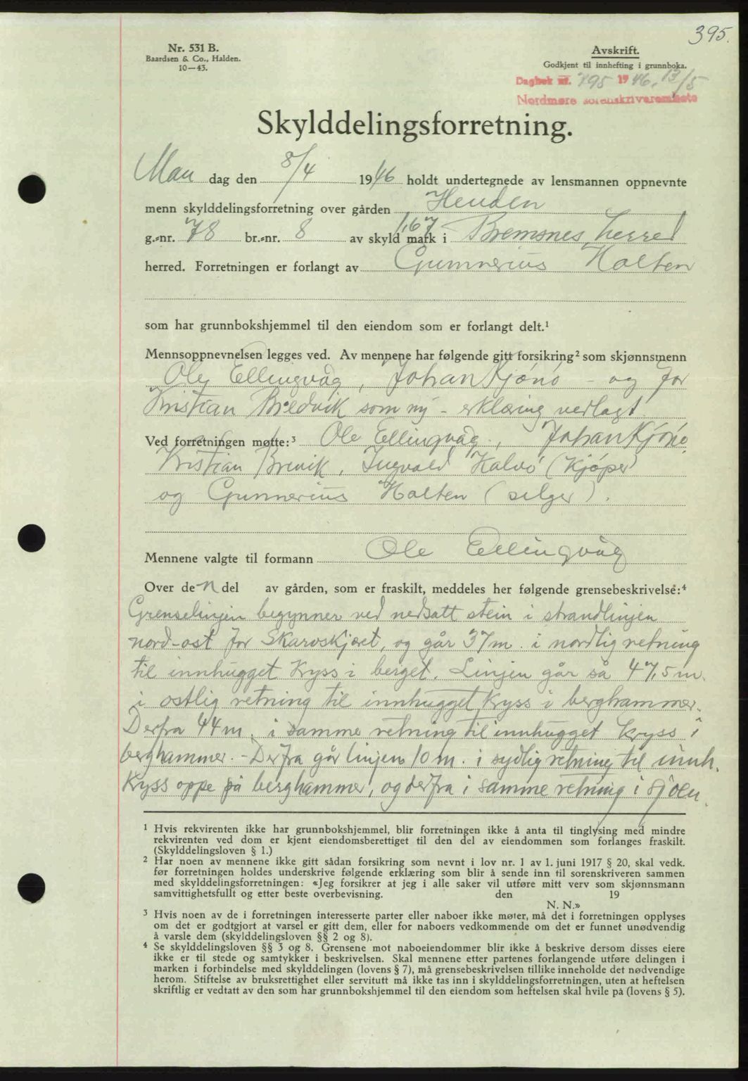 Nordmøre sorenskriveri, AV/SAT-A-4132/1/2/2Ca: Mortgage book no. A101, 1946-1946, Diary no: : 795/1946