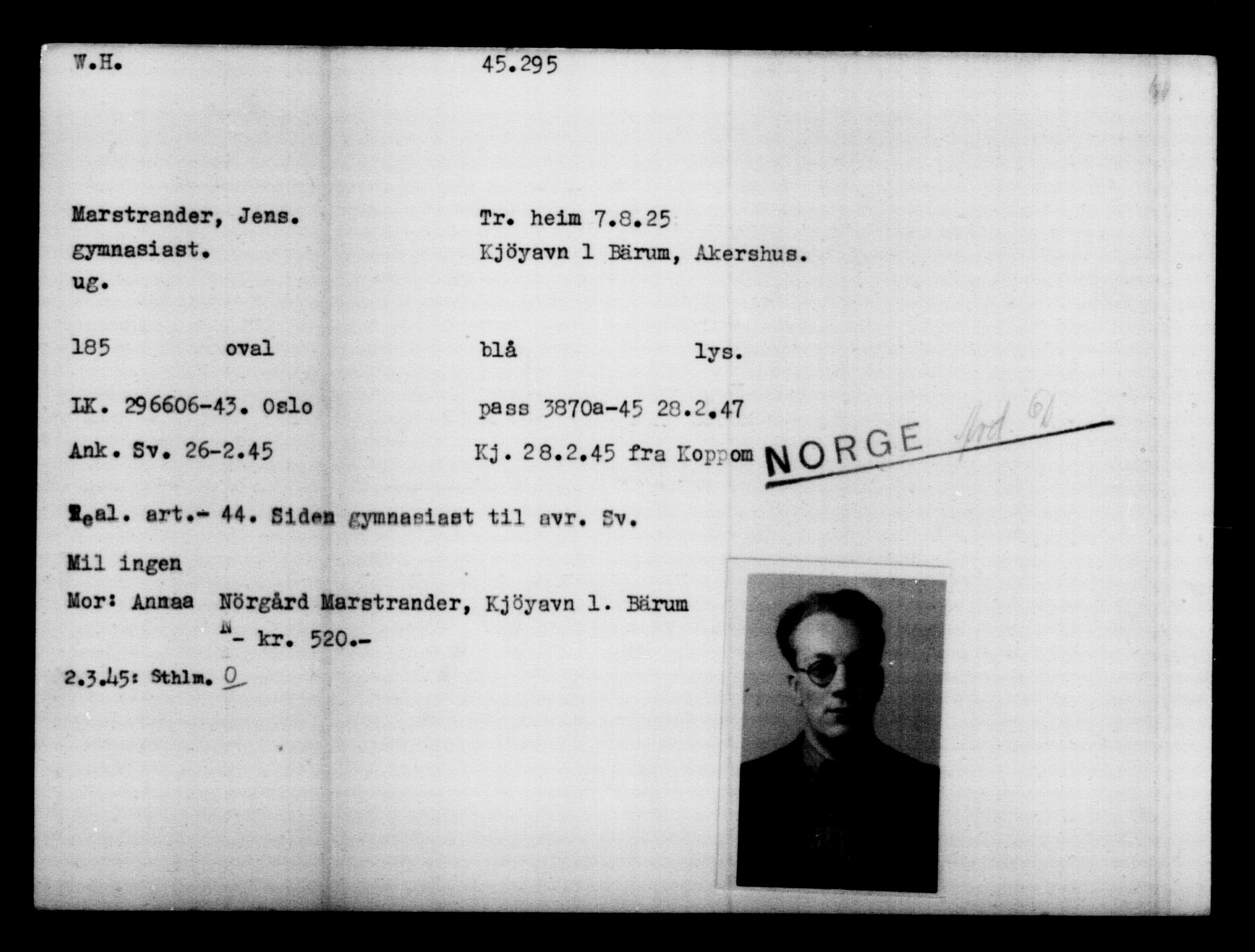 Utenriksstasjonene, Legasjonen i Stockholm, Flyktningkontoret, AV/RA-S-6753/V/Va/L0017: Kjesäterkartoteket, flyktninger med registreringsnr. 43400-46318, 1940-1945, p. 1974