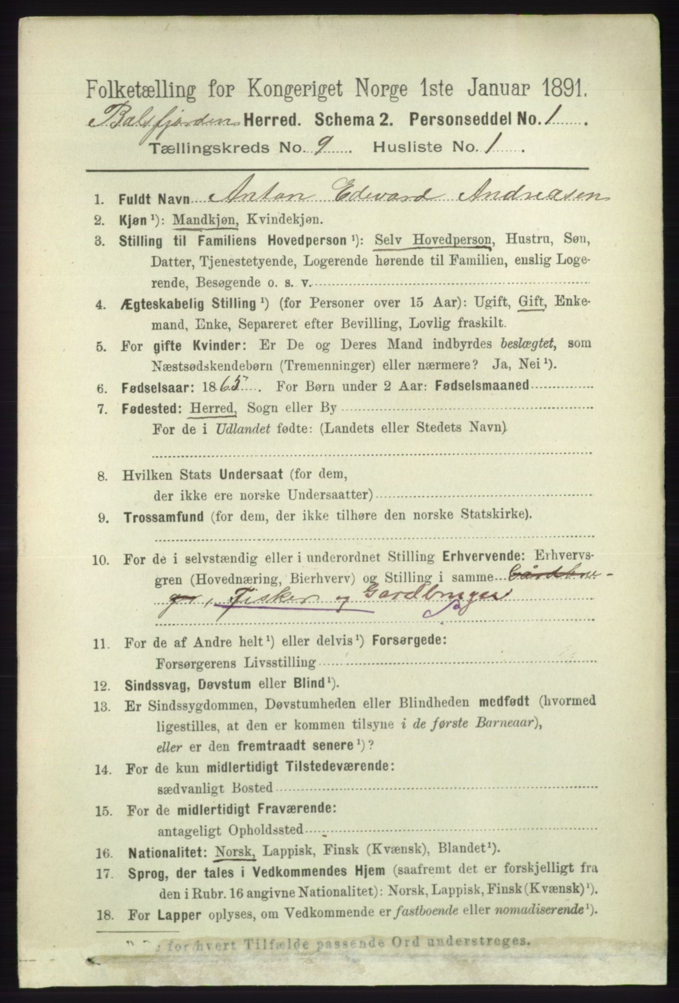 RA, 1891 census for 1933 Balsfjord, 1891, p. 3117