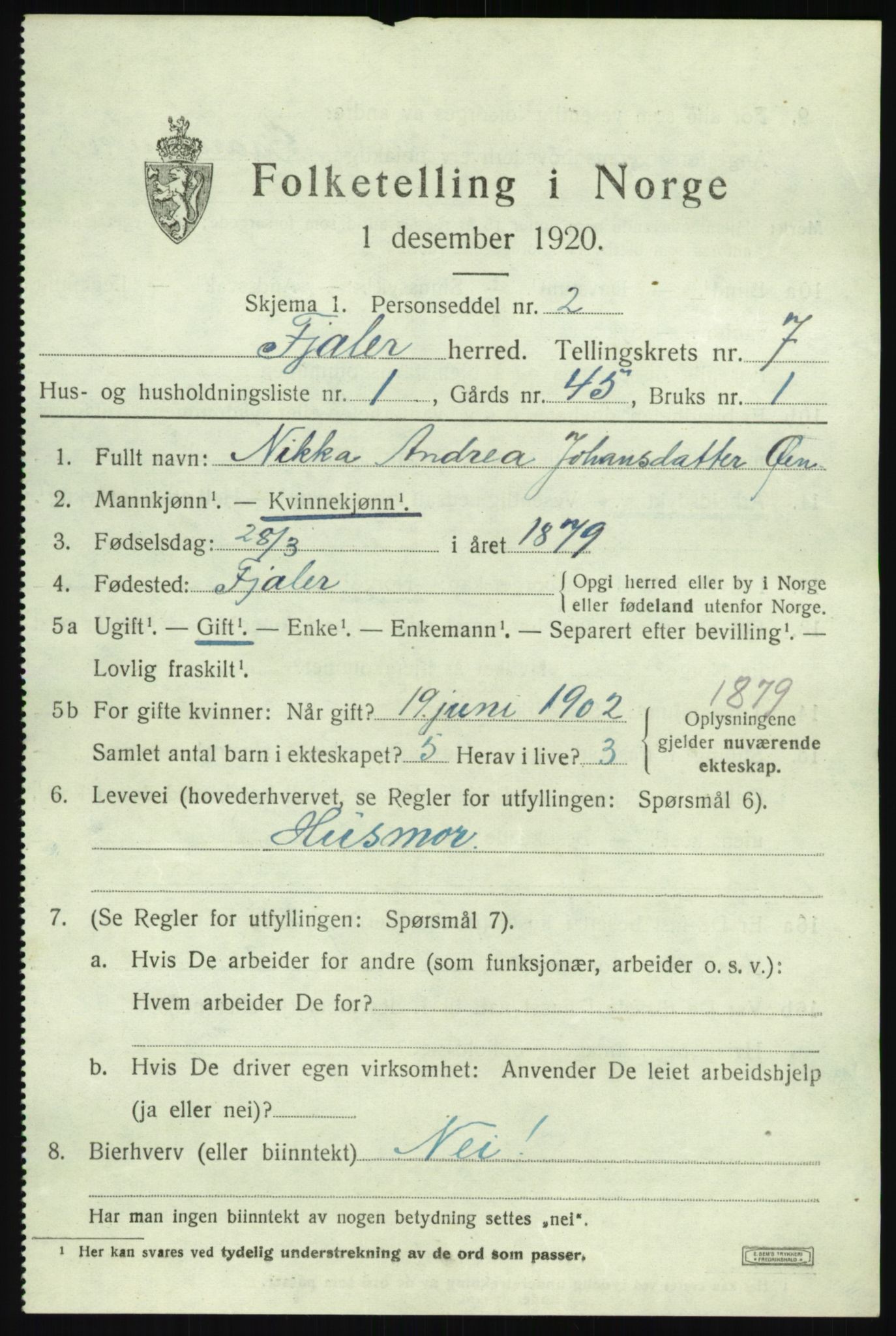 SAB, 1920 census for Fjaler, 1920, p. 4107