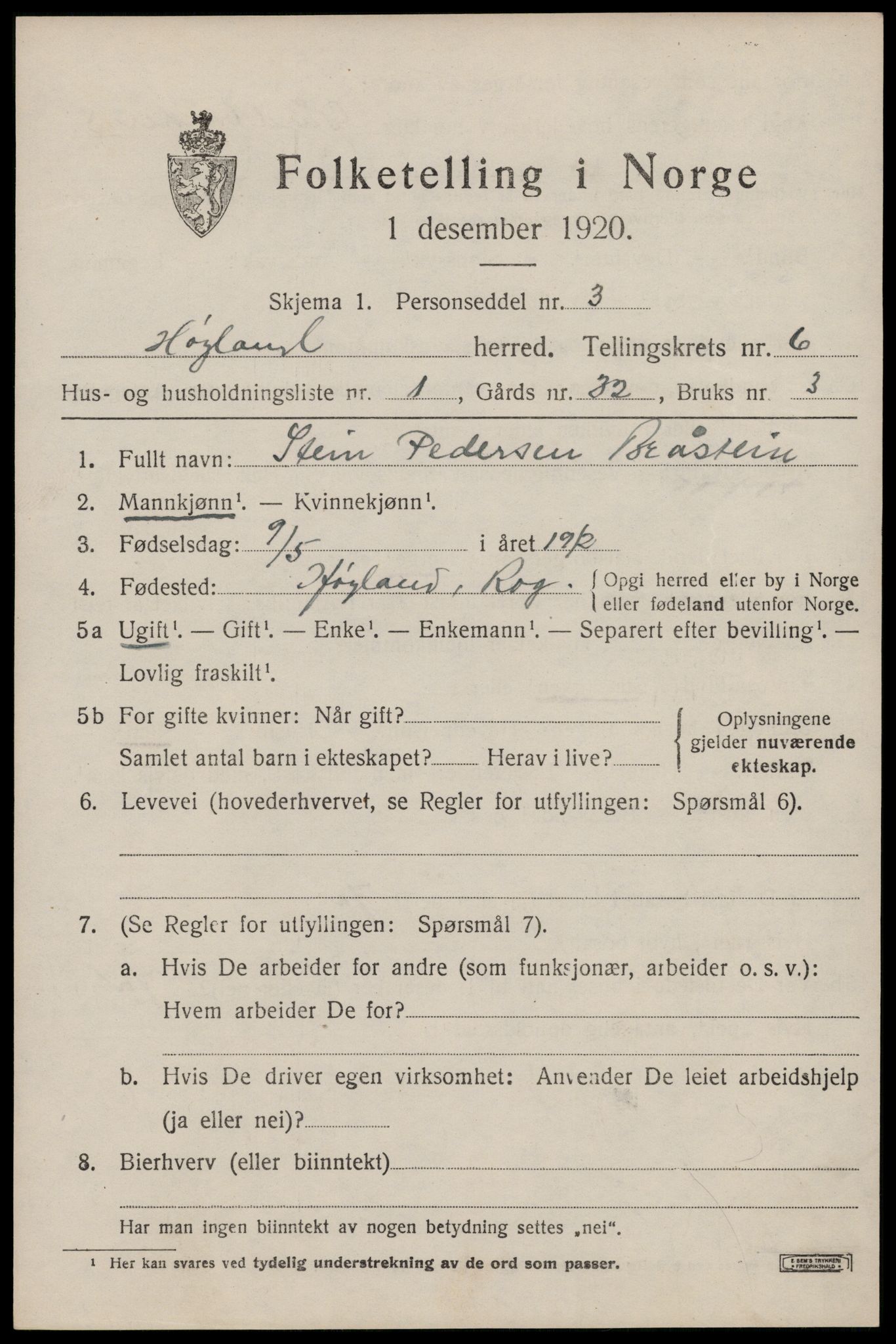 SAST, 1920 census for Høyland, 1920, p. 4268