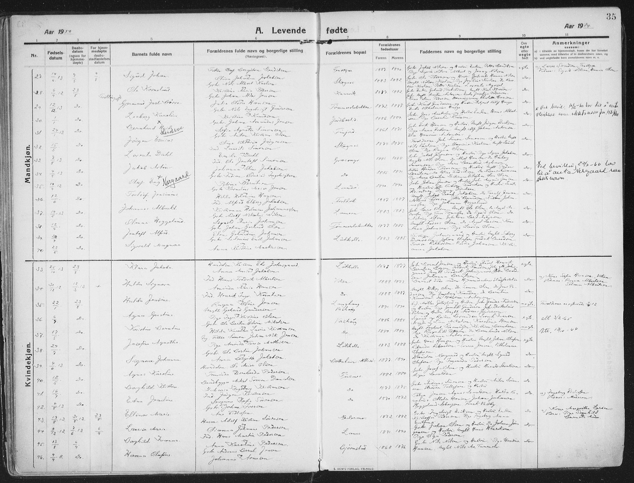 Lenvik sokneprestembete, SATØ/S-1310/H/Ha/Haa/L0016kirke: Parish register (official) no. 16, 1910-1924, p. 35
