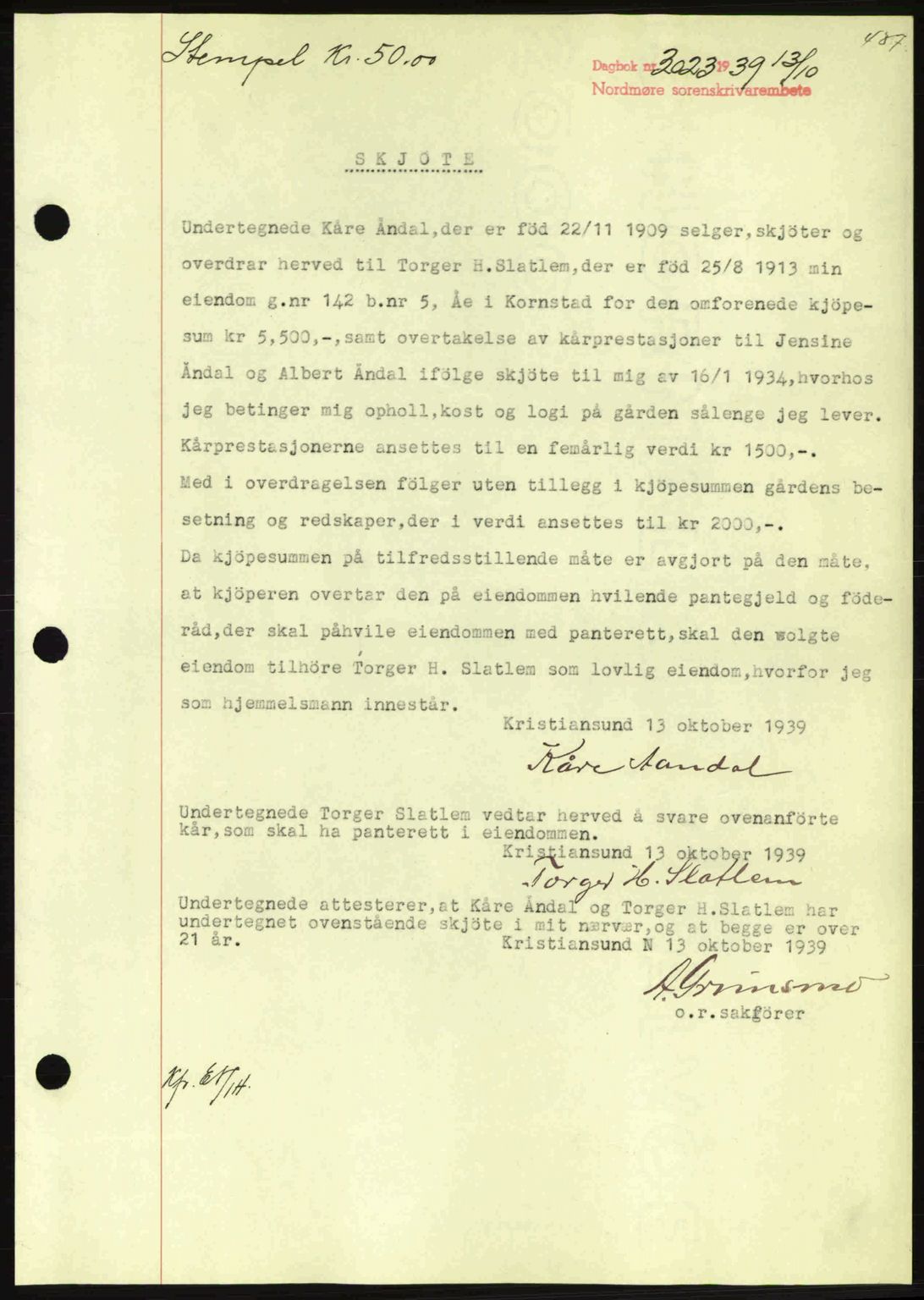 Nordmøre sorenskriveri, AV/SAT-A-4132/1/2/2Ca: Mortgage book no. A87, 1939-1940, Diary no: : 3023/1939