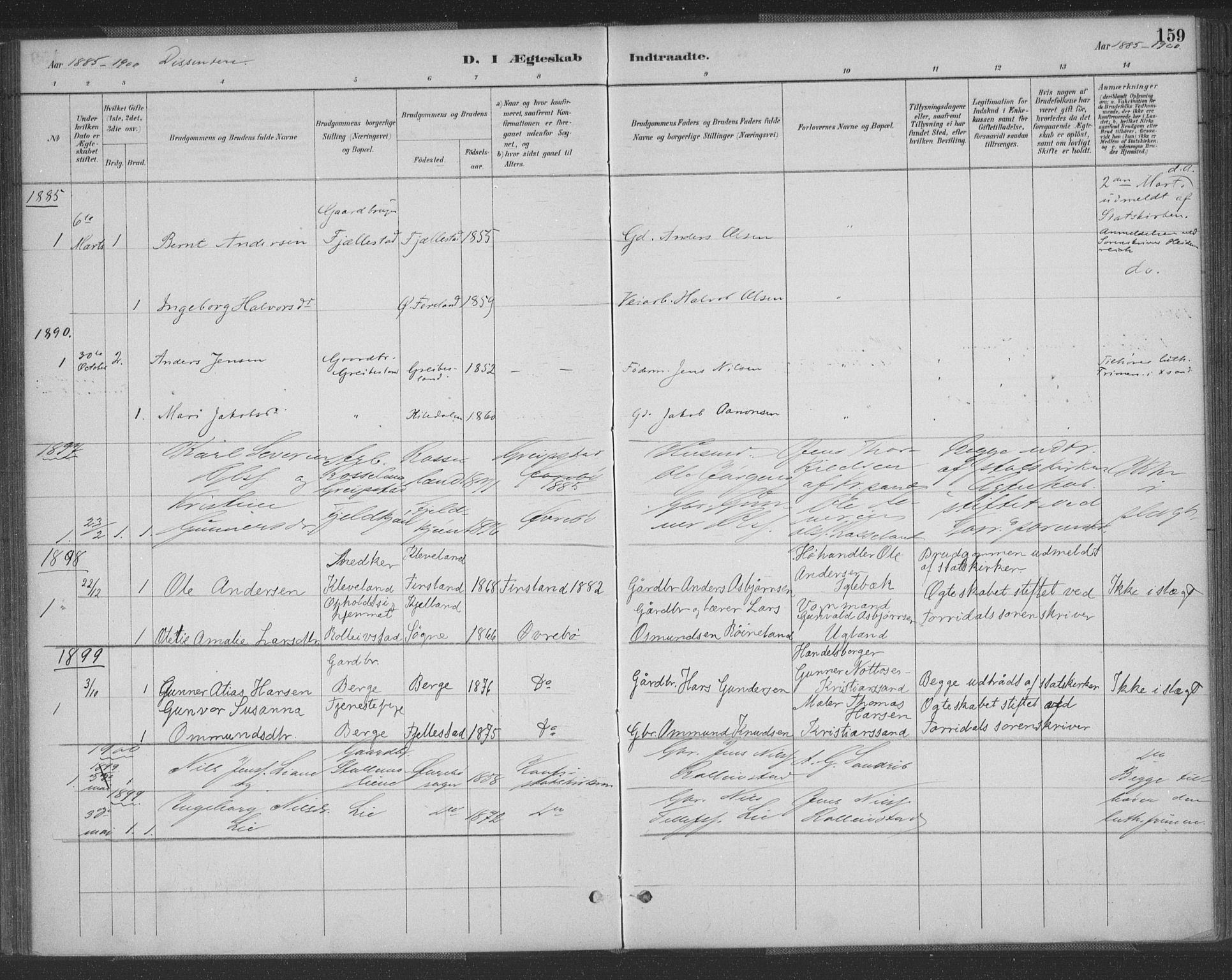 Vennesla sokneprestkontor, SAK/1111-0045/Fa/Fac/L0009: Parish register (official) no. A 9, 1884-1901, p. 159