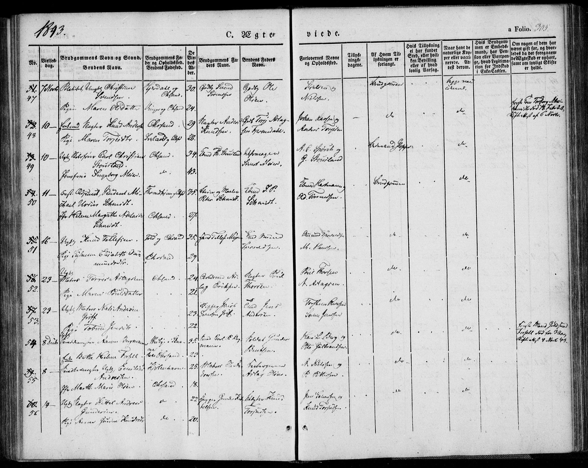 Kristiansand domprosti, SAK/1112-0006/F/Fa/L0013: Parish register (official) no. A 13, 1842-1851, p. 305
