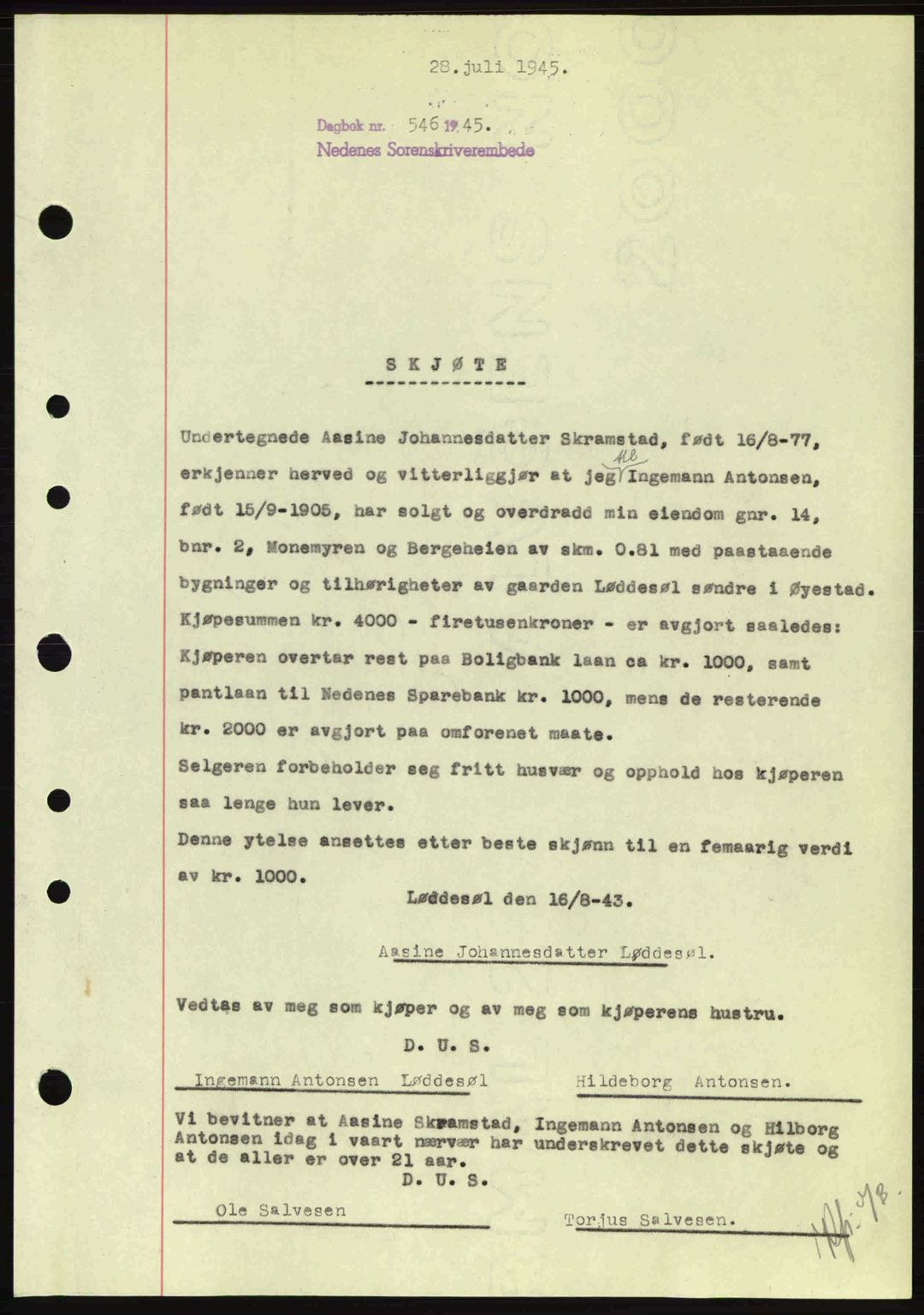 Nedenes sorenskriveri, SAK/1221-0006/G/Gb/Gba/L0052: Mortgage book no. A6a, 1944-1945, Diary no: : 546/1945