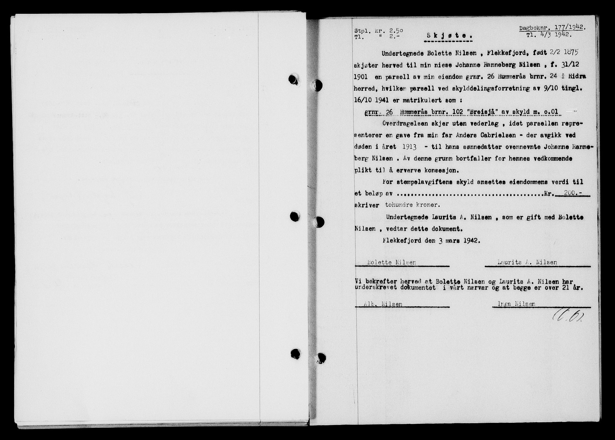Flekkefjord sorenskriveri, SAK/1221-0001/G/Gb/Gba/L0057: Mortgage book no. A-5, 1941-1942, Diary no: : 177/1942